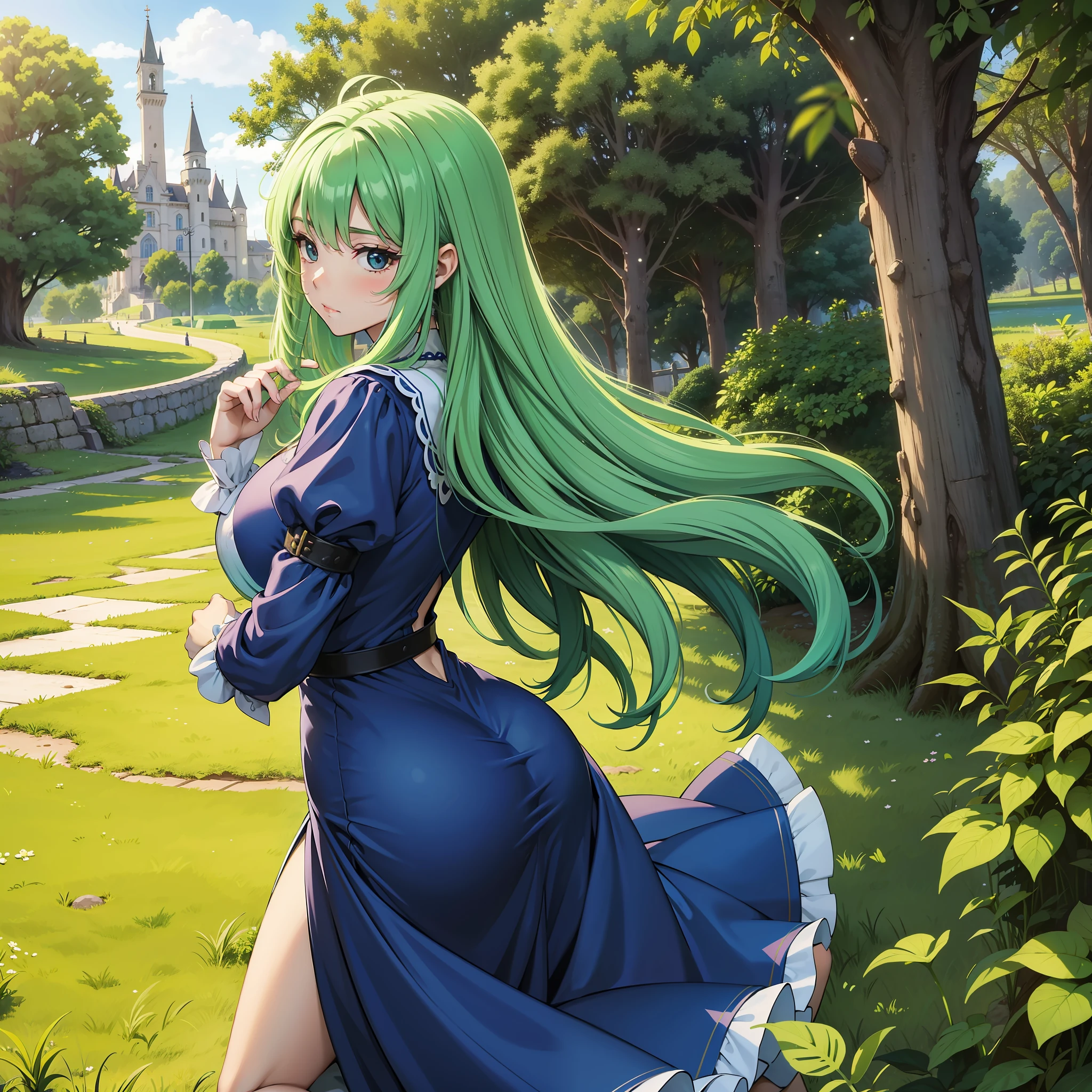 garota cabelo colorido, garota sexy, vestido marcando a bunda, bunda marcada, castelo medieval, anime traits, 8k, muito detalhado, vegetation around, primavera, dia iluminado, beautiful vegetation, castelo imponente