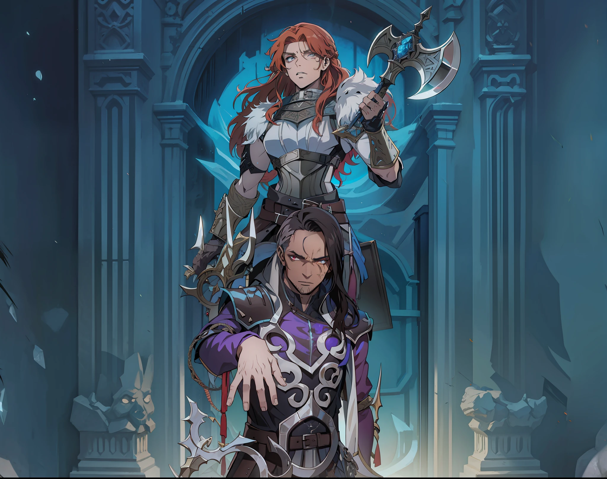 Brown-skinned Necromancer Man and Raging Nordic Viking Warrior at an Ice Gate Ghost Dark Fantasy Dark Lighting 8k
