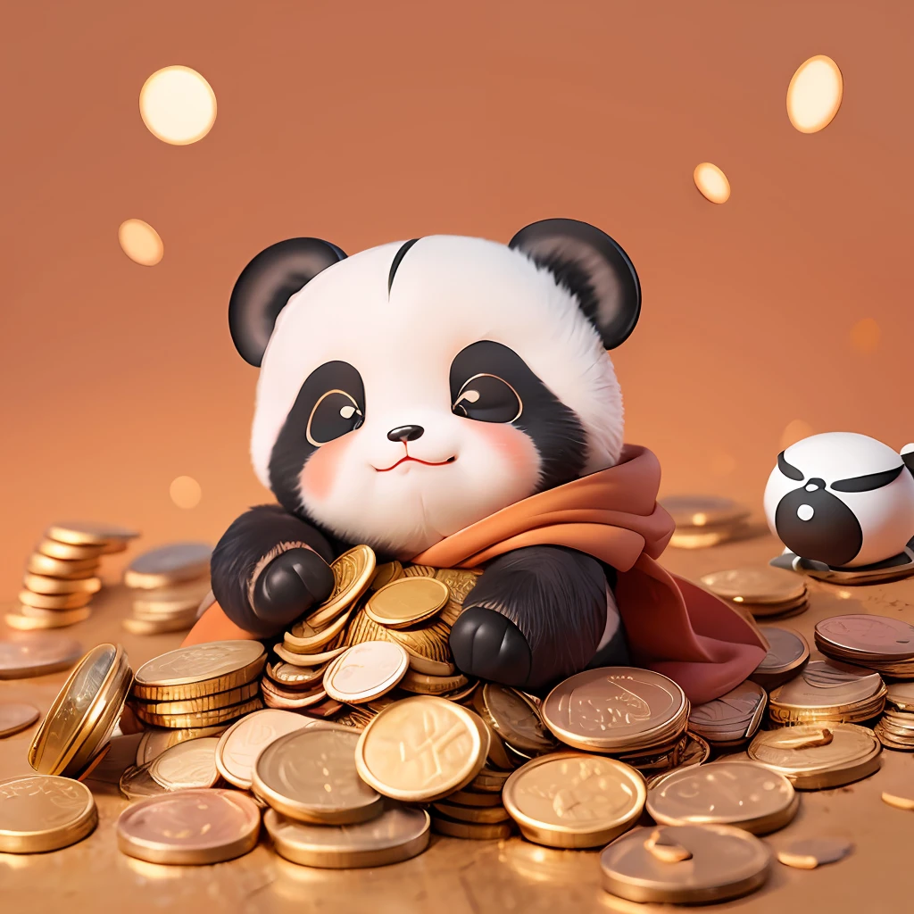Baby panda、Cartoony、Furry animals、dark circles、sleep、Sleep in a pile of coins、Many coins、Non-human、Red plain background,Golden-red beam