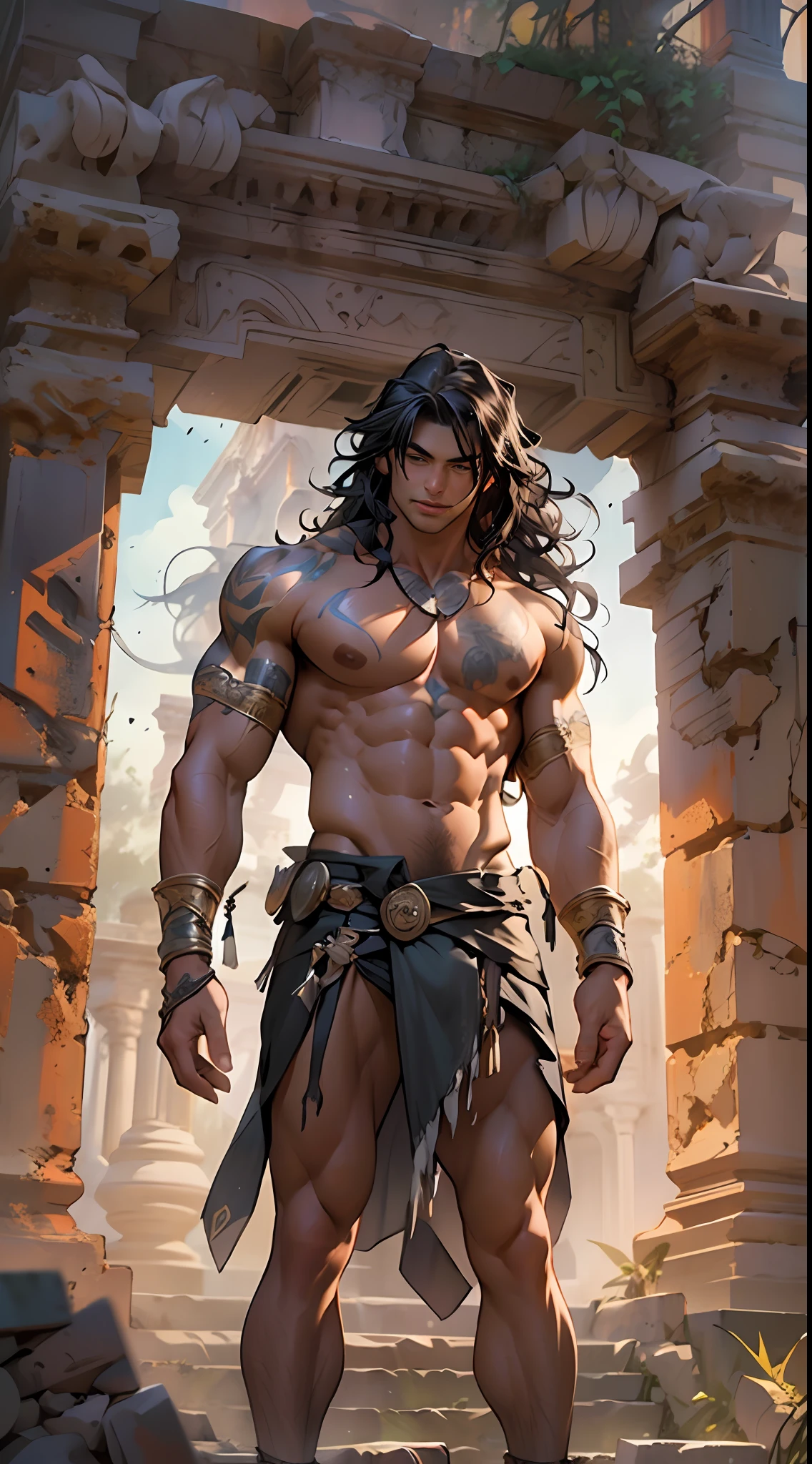 Ripped hero, shirtless upper body, legs revealed from thighs to feet, cascading long curls, intricate muscular details, photorealistic artwork, 4K resolution. Background: Mystic ancient ruins with glowing symbols,32k uhd, best quality, masterpiece, super detail, high details