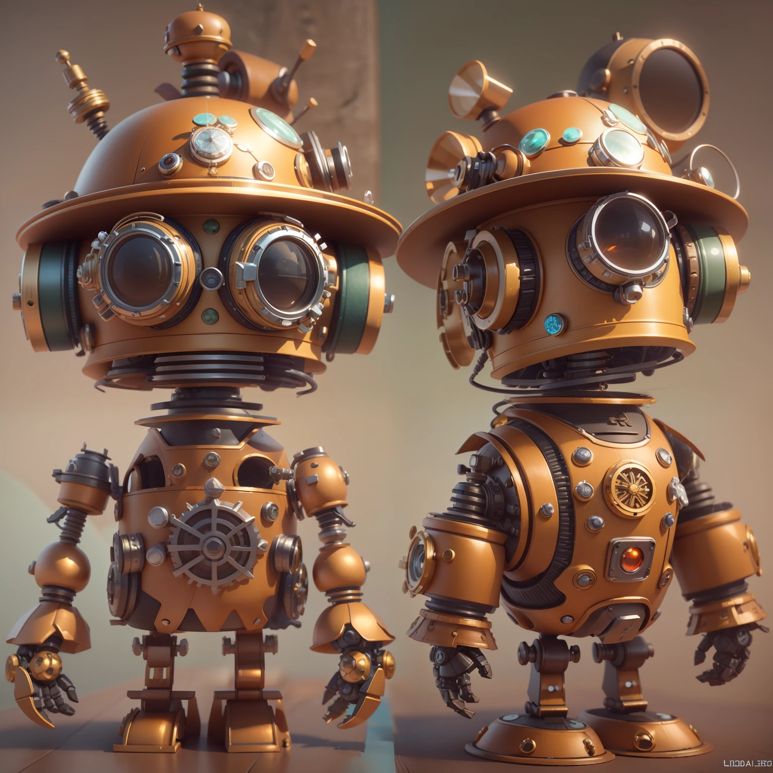 Close-up of robot wearing hat and goggles, 3 d render stylized, steampunk robot, Steampunk automata, tintoy characterdesign robot, Rolands Zilvinskis 3D rendering art, stylized as a 3d render, 3 D character art, cute elaborate epic robot, Beautiful robot character design, stylized 3d render, very stylized character design