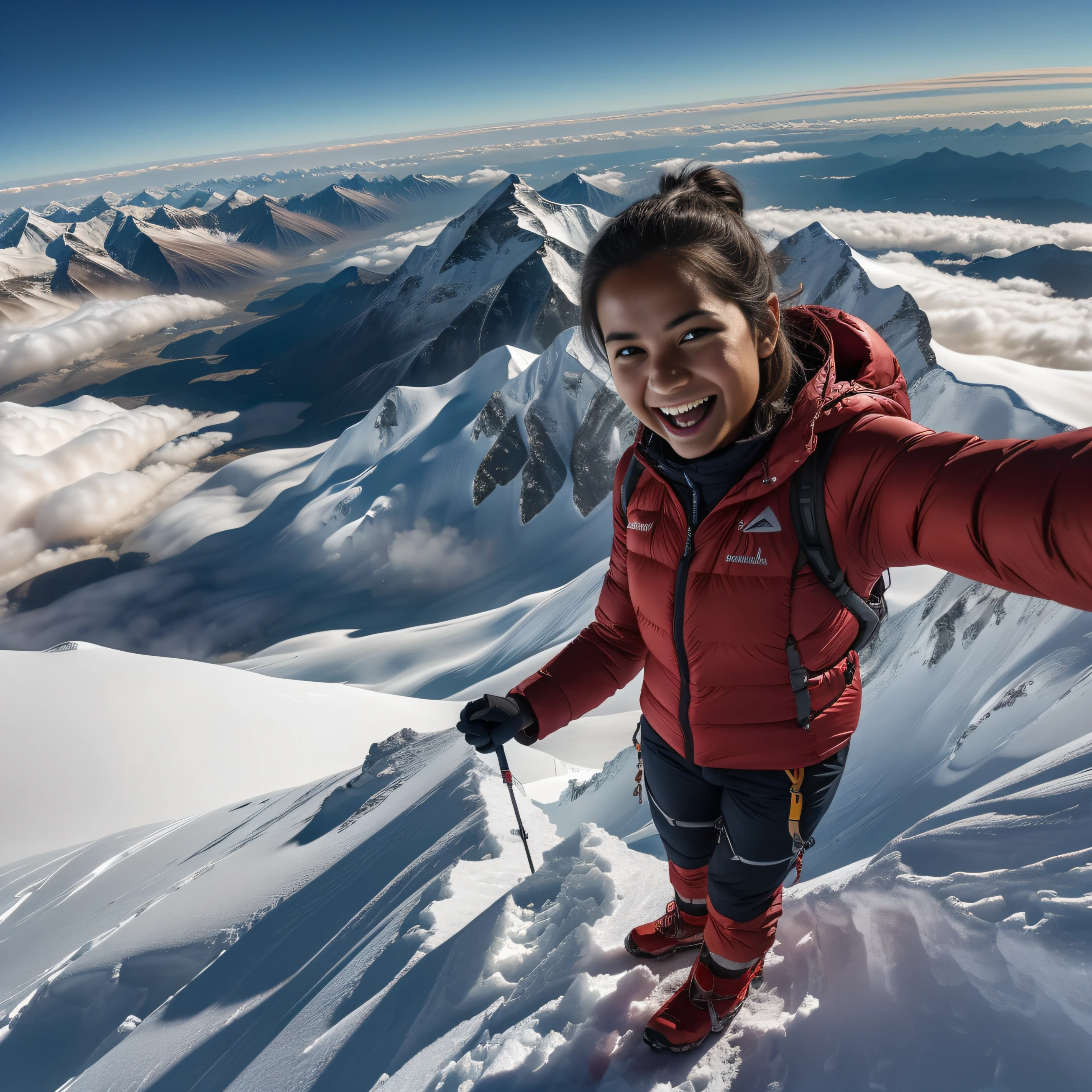 An Ultra-Realistic Visual Tale of a Young Mountaineer's Everest Summit Selfie --q 2 Journey alongside a young and intrepid mountaineer as she embarks on an extraordinary adventure to conquer the world's highest peak, Mount Everest. With every painstaking step, she braves the perilous ascent, pushing her physical and mental limits to reach the summit. Feel the biting cold and thin air as she perseveres, accompanied by a breathtakingly realistic portrayal of the majestic Himalayan landscape. As she finally reaches the pinnacle of her journey, the ultra-realistic imagery immerses you in the grandeur of the Everest summit. Behold the vast expanse of snow-capped peaks and endless horizons that stretch beneath her feet. The level of detail in the photograph makes you feel as if you are standing there with her, sharing in her triumph. In this moment of unparalleled accomplishment, she captures the essence of her extraordinary feat with a selfie. Every expression on her face is flawlessly rendered, reflecting her sheer joy and pride. Her jubilant smile and sparkling eyes convey the fulfillment of a lifelong dream. Midjourney presents an ultra-realistic visual narrative that transports you to the pinnacle of adventure. The dedication and perseverance of this young mountaineer inspire and ignite a sense of wonder at the immense beauty and challenges that our world offers. Experience the awe-inspiring realism of this summit selfie and share in the exhilaration of her conquest. Midjourney is a remarkable fusion of technology and artistry, capturing the heart and soul of a young mountaineer's Everest triumph in a photograph that feels as authentic as being there yourself.