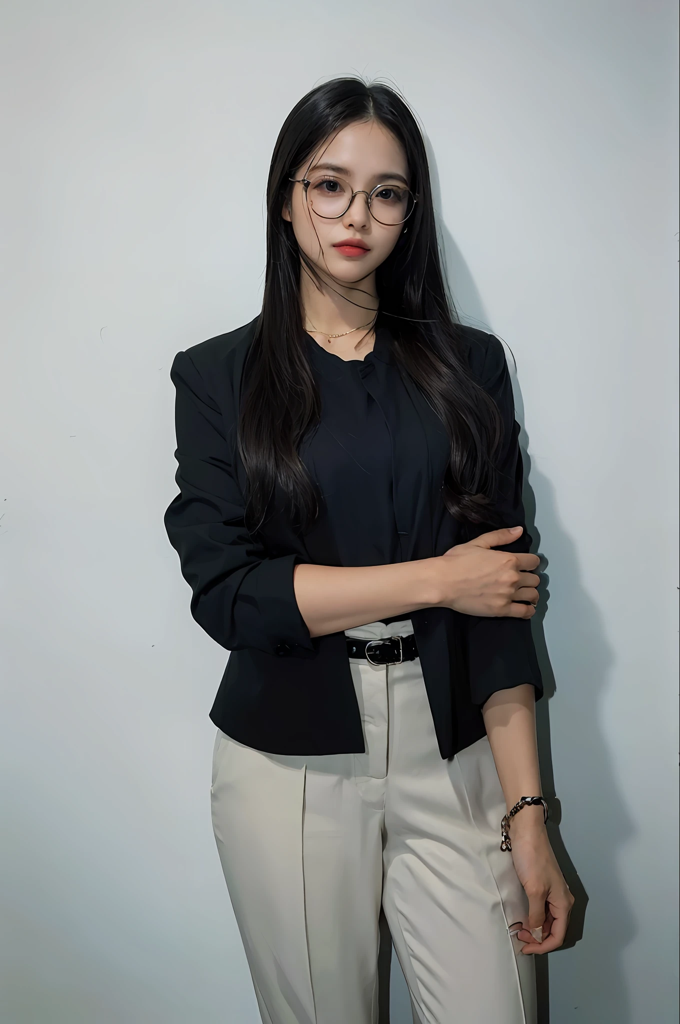 There's a woman standing in a room in a black jacket, Pose casual, wearing a suit and glasses, retrato de corpo inteiro, in suit with glasses, imagem central, imagem de corpo inteiro, Retrato no meio da foto, full body photogenic shot, foto de retrato de corpo inteiro, With eye Glasses, modelo da mulher, modelo de corpo inteiro, com uma pose cool, wavy long black hair and glasses, 4k