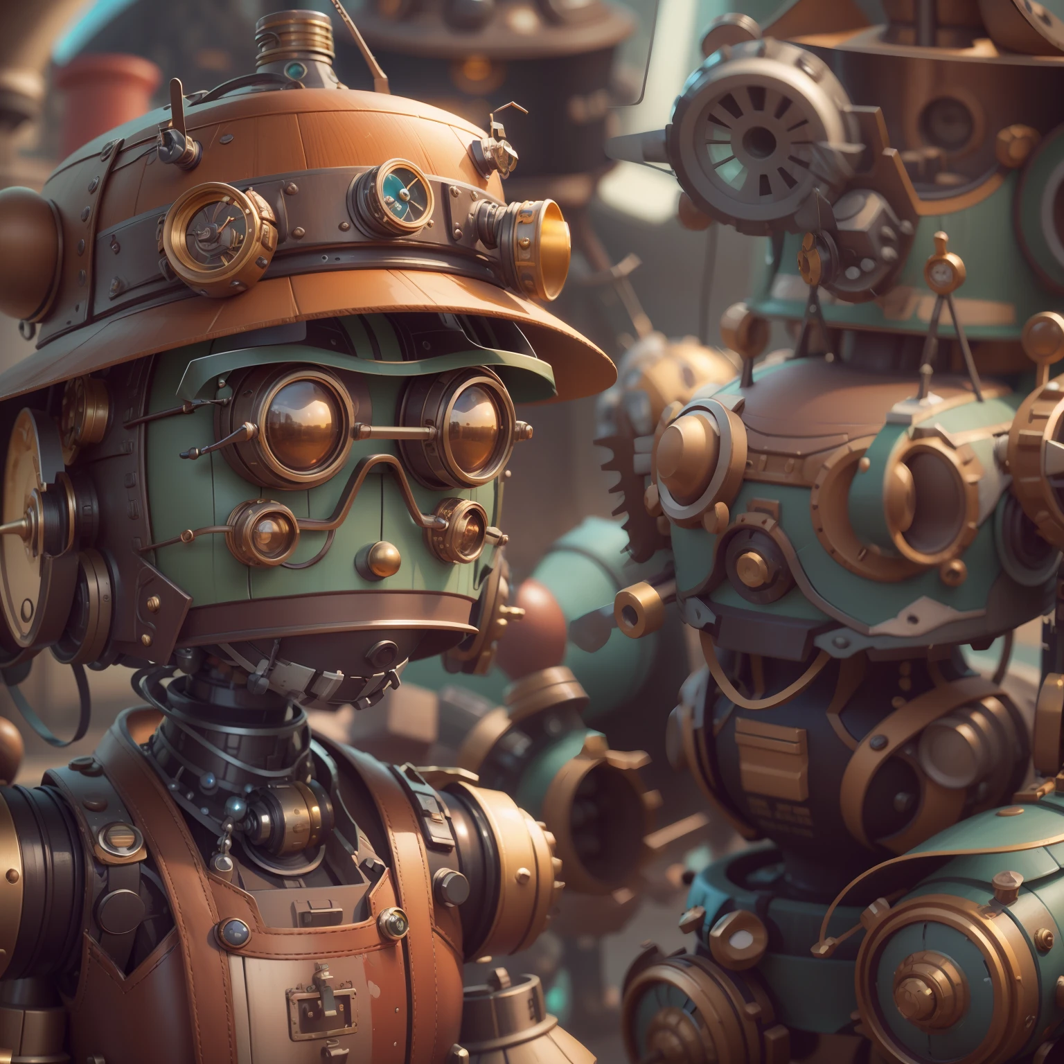 Close-up of robot wearing hat and goggles, 3 d render stylized, steampunk robot, Steampunk automata, tintoy characterdesign robot, Rolands Zilvinskis 3D rendering art, stylized as a 3d render, 3 D character art, cute elaborate epic robot, Beautiful robot character design, stylized 3d render, very stylized character design