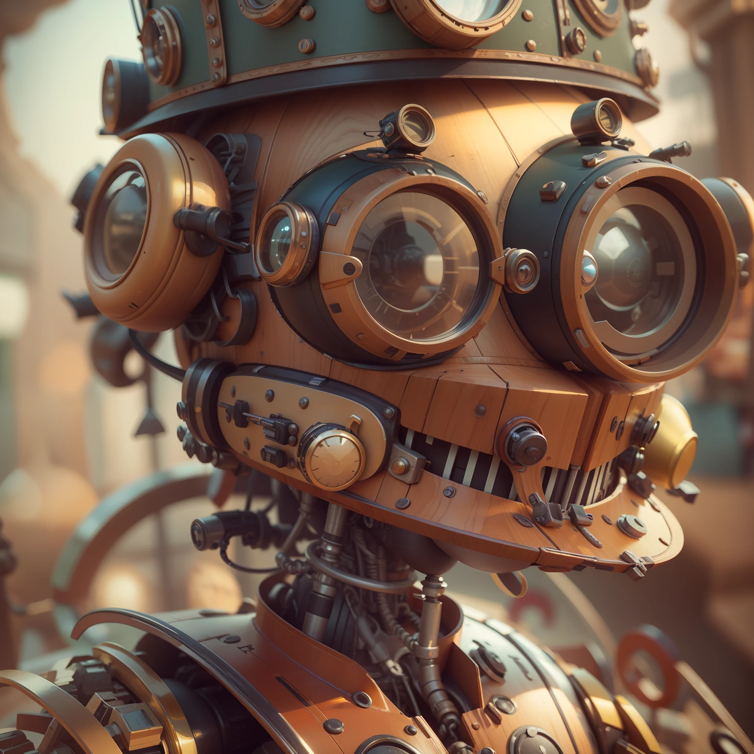 Close-up of robot wearing hat and goggles, 3 d render stylized, steampunk robot, Steampunk automata, tintoy characterdesign robot, Rolands Zilvinskis 3D rendering art, stylized as a 3d render, 3 D character art, cute elaborate epic robot, Beautiful robot character design, stylized 3d render, very stylized character design