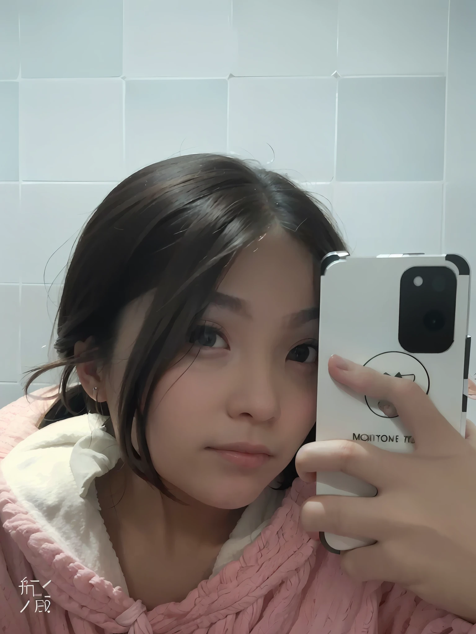 Big-eyed woman taking a selfie against bathroom mirror, 8k selfie photograph,iphone selfie, selfie shot straight on angle, selfie of a young woman, She is facing the camera, Face picture, As young as 1 to 6 years