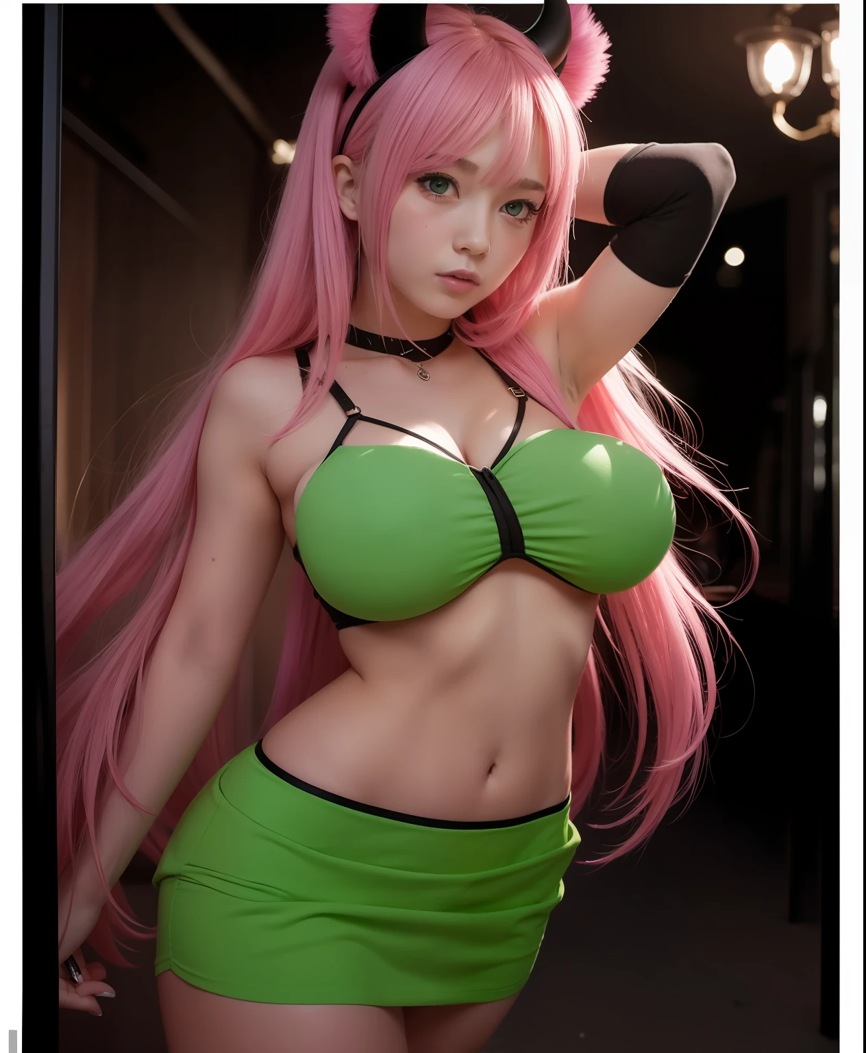 1 girl, pink hair, green bra, green miniskirt, black horned head, nice boobs, nice body, fair skin, best photography