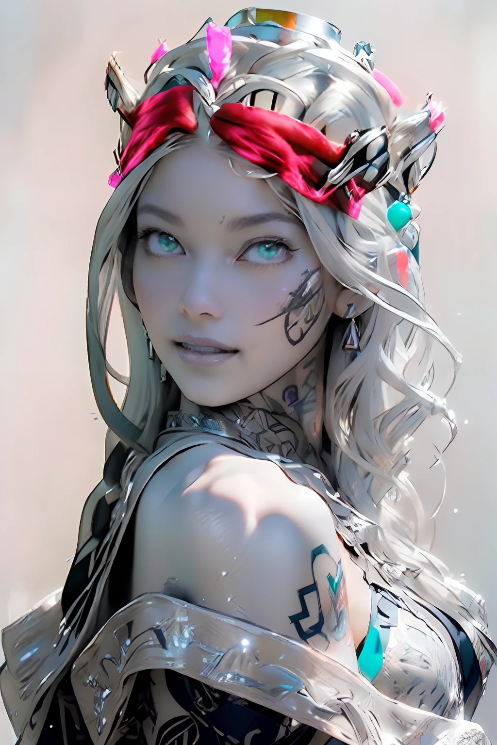 Ultra-detailed complex 3D rendering of the face, (masterpiece, top quality, octane rendering,), glamour shots full body image, very beautiful young elves, cleavage, (highly detailed skin: 1.2), (exposure: 1.1), ((blue micro bikini: 1.95)))). , 8k, (((very soft breasts)), (((conspicuous large pink areola)), beautiful Caucasian woman with white skin with full soft breasts with big buttocks, one, long braided hair, big breasts, dynamic angles, (((huge breasts: 2.4)), ultra-realistic photos, ((((((silver hair)))), futuristic urban background, facial muscles, (((((detailed and glamorous silver crown)))), In the style of Marvel Comics, ArtStation Trends, Clear Focus, Intricate Details, Very Detailed, Detailed Green Eyes, Sharp Focus, Digital Rendering, Professional, Abs, Lip Gloss, Glossy Skin, Sexy Pose, Golden Tattoo All Over Body, Silver Pattern All Over Body, Silver Lame Skin, Gold Glitter Skin, Mansuji, Buttocks, Jeweled All Over the Body, with silver scales, silver hair,