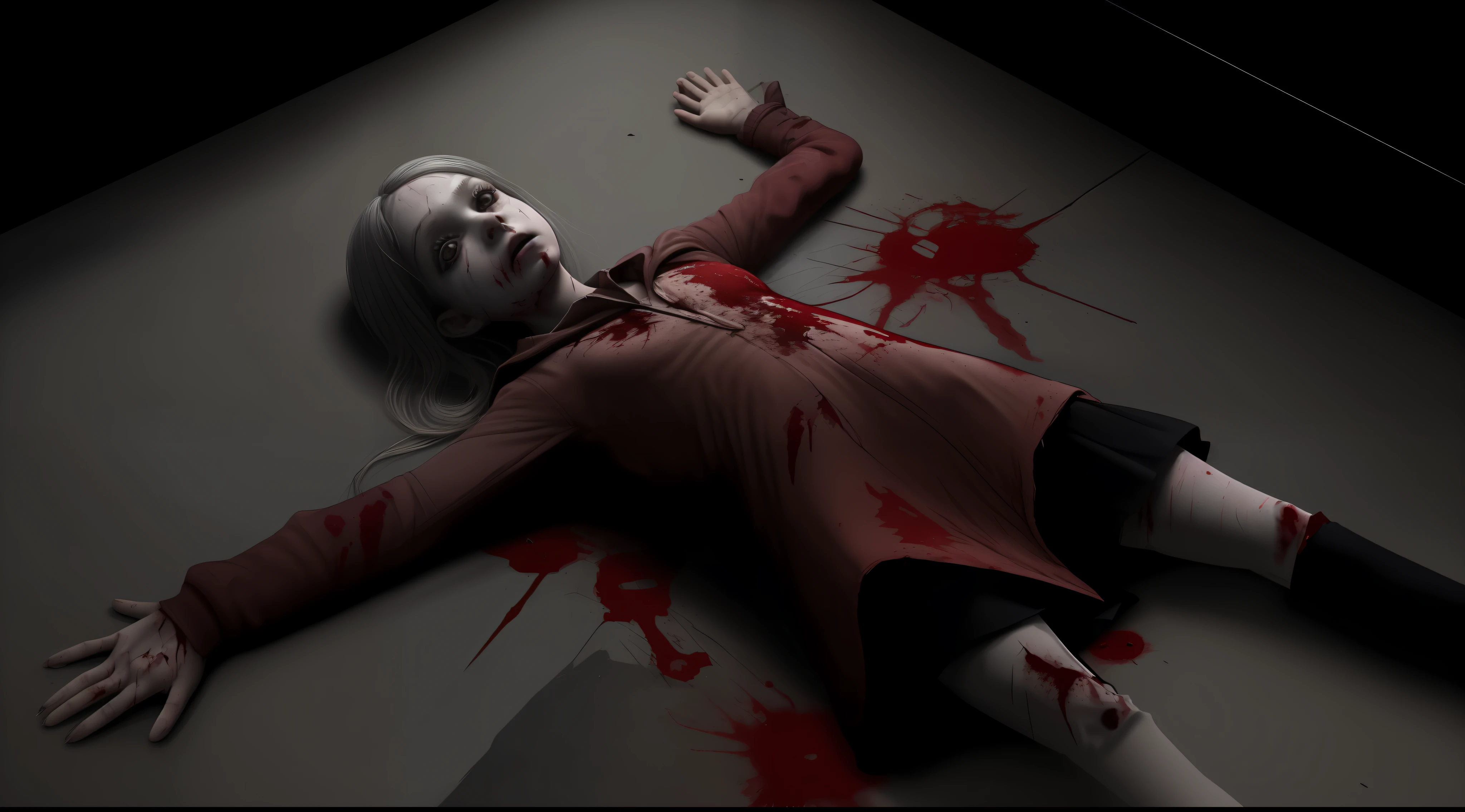 Girl dead on the ground, acidente poste caiu sobre, escola, a lot of blood on the floor, dark, noite, estilo jogo de terror, View from above, 8k, maximum detailed, alta qualidade