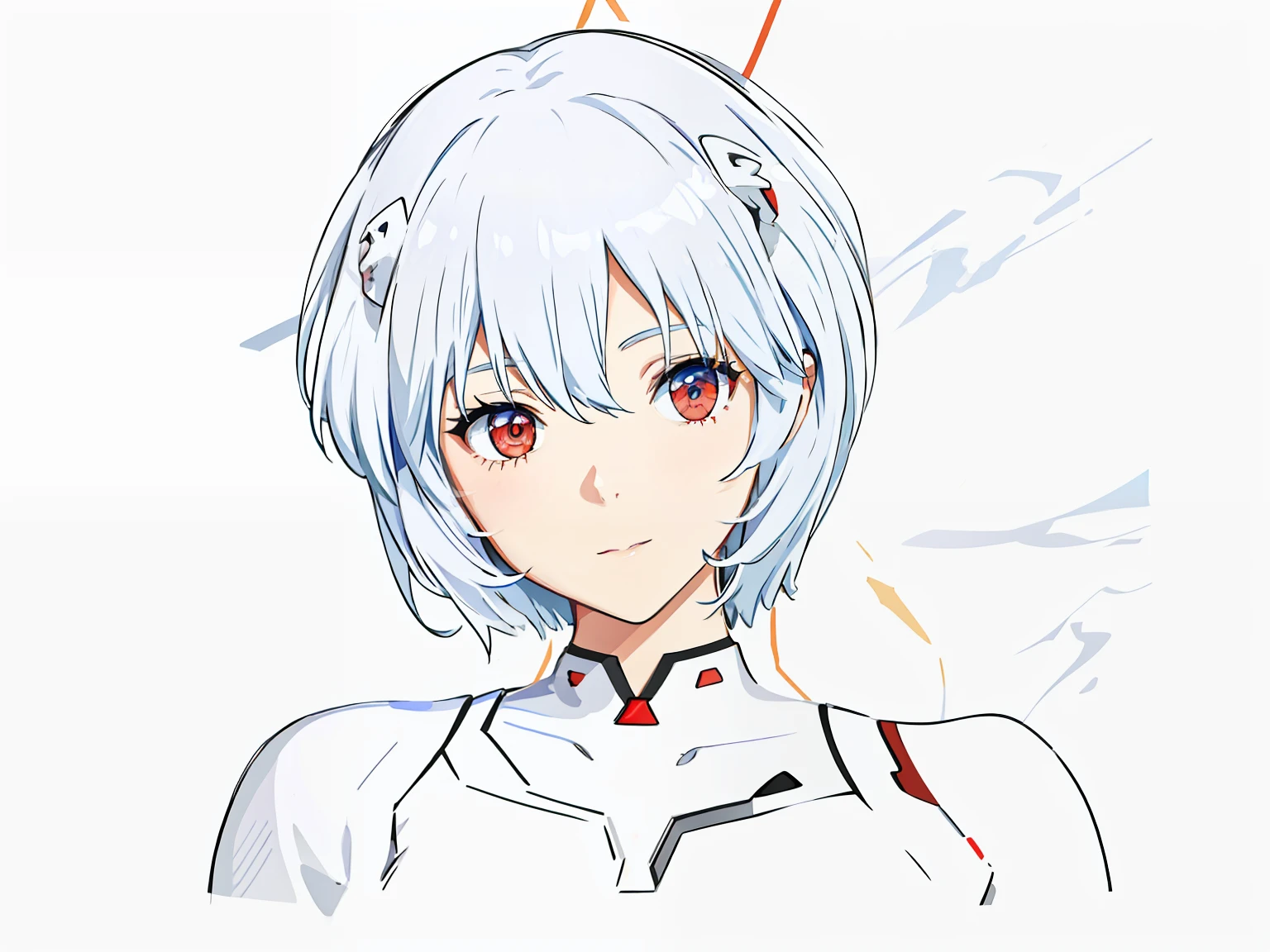 ayanami rei，Ayanami Zero，Shin Evangelion，EVA，light blue short hair，red color eyes，White tight combat suit，Slim figure，ssmile，having fun，Local shadows