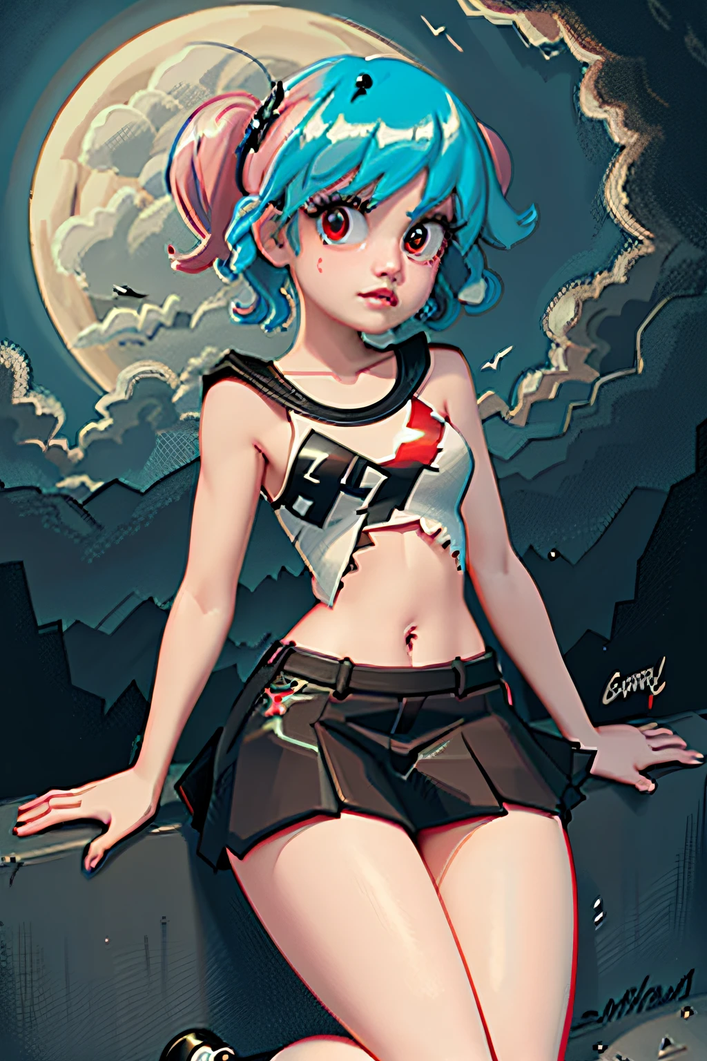 color full, siting on the ground, Harley Quinn, Harley Quinn outfit, lots of hair, curly long pink and blue hair, short red and black skirt , wearing short red and black skirt, dark moody, painting wall back ground, dark moody, cloudy sky, full of moon in sky Realistic, beautiful, natural lightning, 8k, illustrator, masterpiece, high quality, 8k, high resolution, high detailed, high detailed body