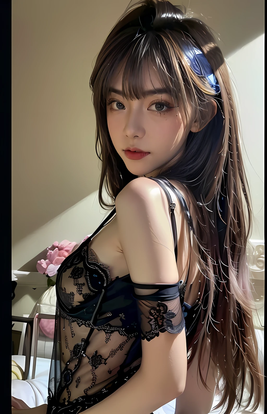 Best quality, masterpiece, ultra high res, (photorealistic:1.4), raw photo, 1girl, ((black lace nightgown)), ((small breast)), cold light