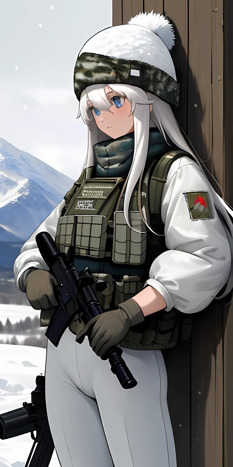 (masterpiece, best quality),1girl, long hair, white hair, blue eyes, warm lighting, camouflage clothing, bulletproof vest, fluffy white winter hat, camouflage white pants, serious, gun in hand, outdoors, snowy mountain, snow