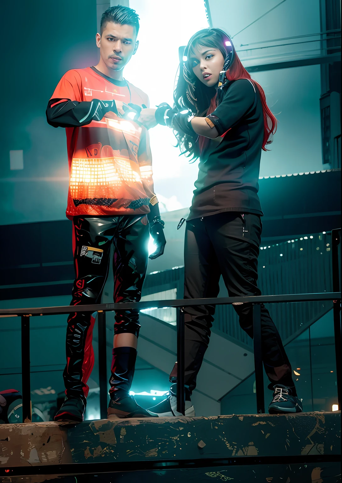 Background change, change background cyberpunk hd light look, man and women fight look, dressed cyberpunk look, hand stylish watch, shoes stylish