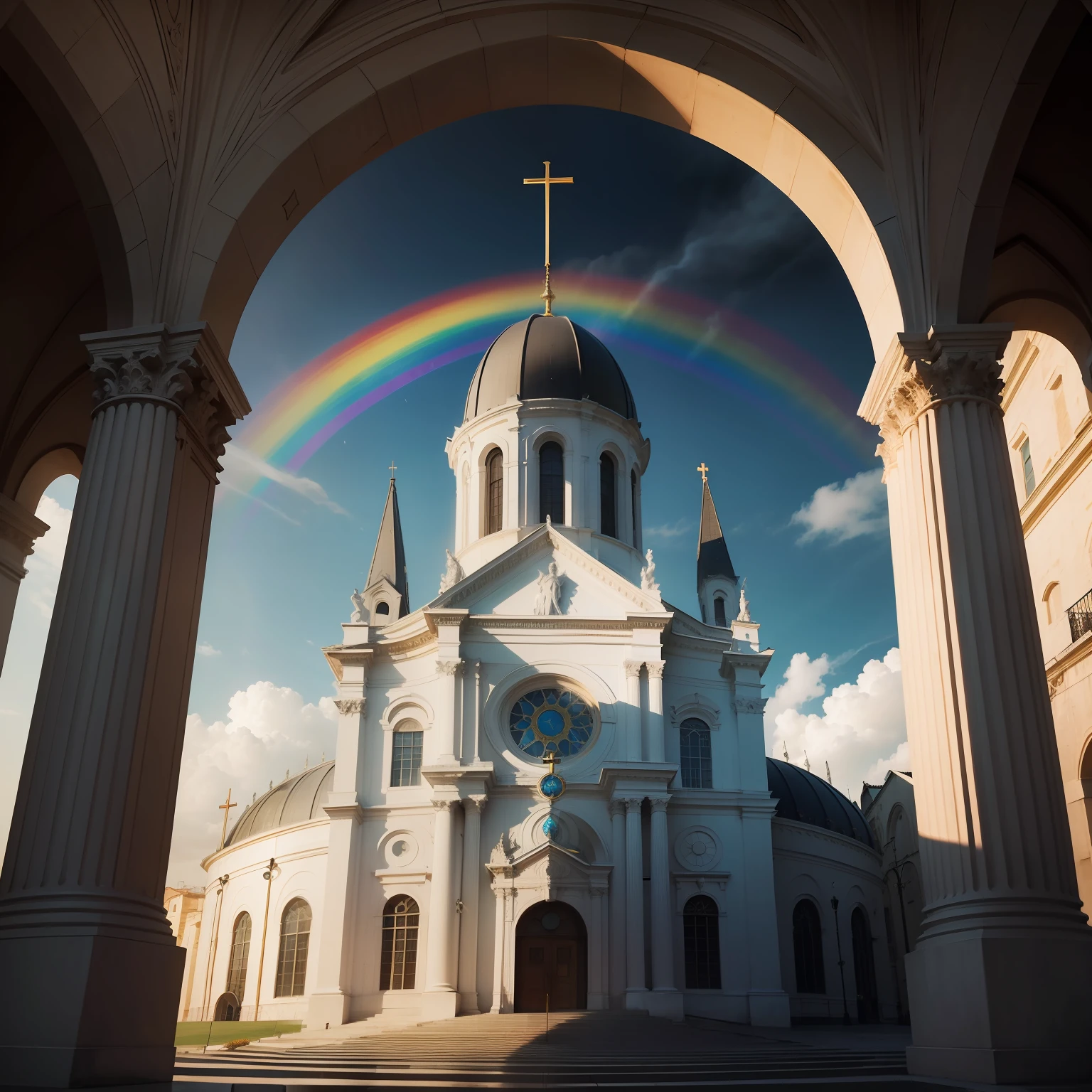 Uma tempestade intensa, a Catholic basilica, com um arco iris ao fundo, estilo realista.