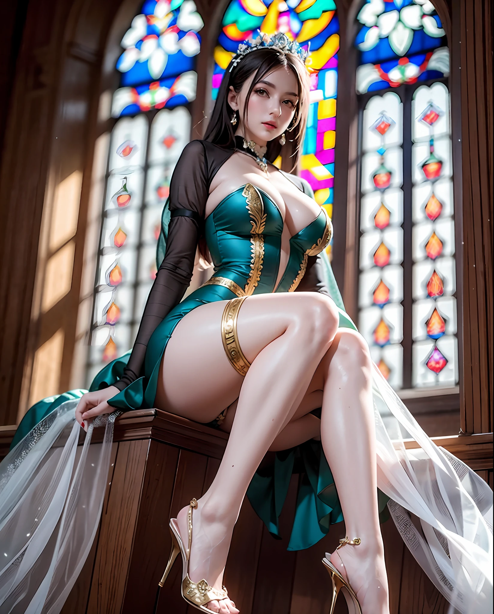 Arapefi, Green queen dress, seated on a throne,wearing high heels,Look from the front,next to a big window, Close-up of stained glass window shot from the front, next to a window, Sitting on a snowy mountain, Sense of transparency,(oversized ,1.5),Expose cleav to the lens,tmasterpiece,Flawless,Sense of transparency,Empty inspiration,More details and decoration,(Expose the whole body,1.8),Exposing thighs,,long leges,8K,(Wear decorations such as rings,1.9),White-colored skin,Ornate ornament,Waist stockings,one-girl