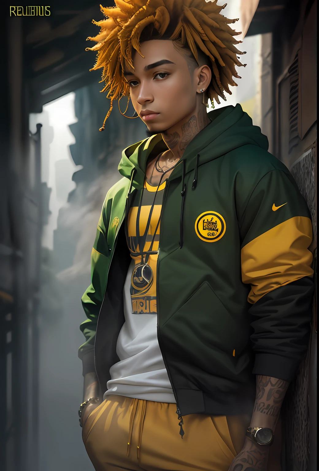 verde: 1.5, amarelo ocre: 1.1, branco: 1.3, amarelo: 1.3, (rapper com cabelo Draw pavor), tatuagens, (roupas puffer do poder: 1.2), flores, folhas, a lot of fog, linhas, background circles.