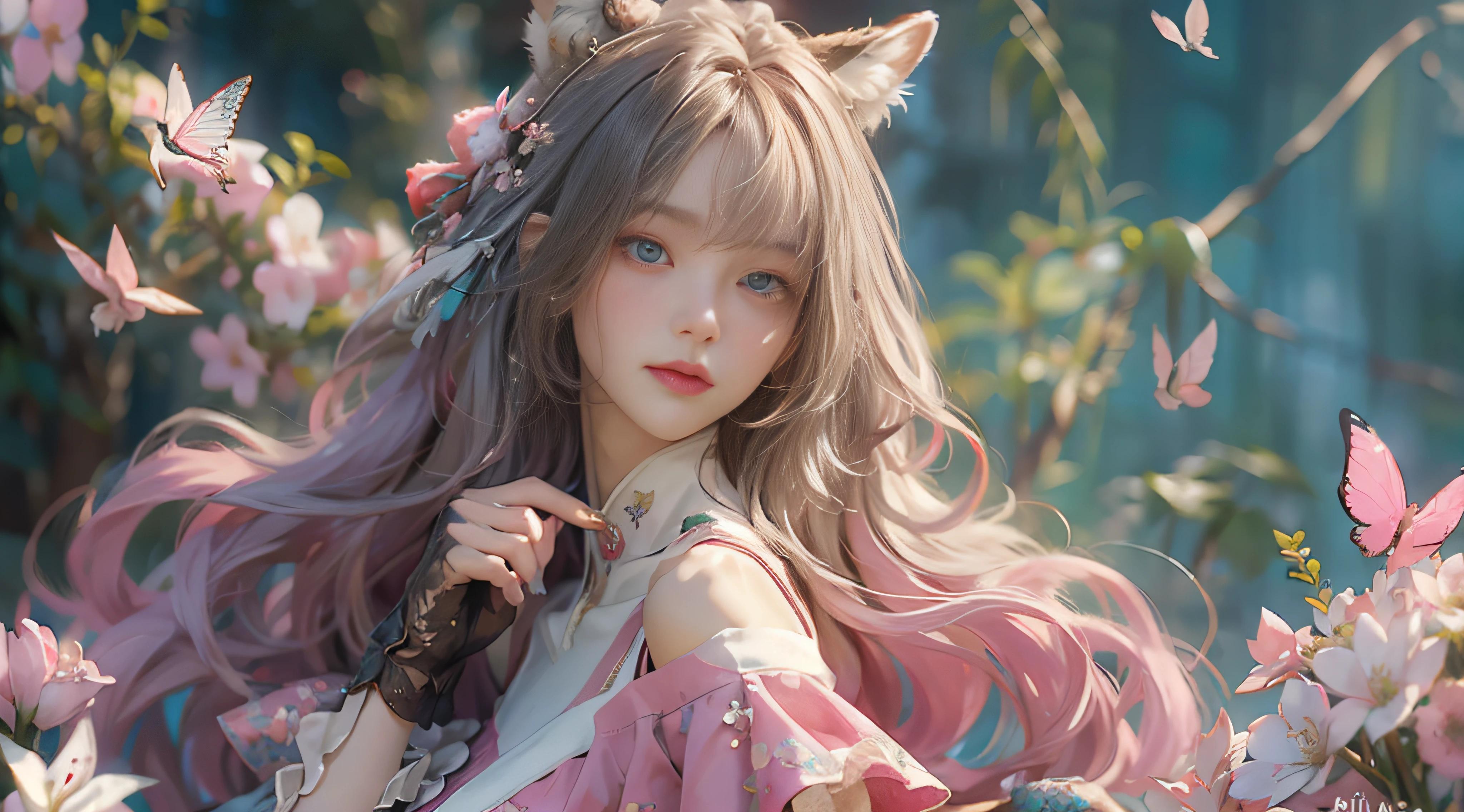 ((best qualtiy)), ((tmasterpiece)), (detail:1.4), Beautiful cyberpunk female images,hdr(HighDynamicRange),Ray traching,NVIDIA RTX,Hyper-Resolution,illusory 5,sub surface scattering,PBR textures,post-proces,Anisotropy Filtering,depth of fields,maximum definition and sharpness,Many-Layer Textures,Albedo e mapas Speculares,Surface coloring,Mitsu-Accurate simulation of material interactions,perfectly proportioned,rendering by octane,Two-colored light,largeaperture,Low ISO,White balance,Rule three points、8K raw data、Beautiful bright blue pupils,off-the-shoulder clothes,Fine pupils,Delicate face and eyes,long eyelasher,Blushlush,Delicate and fluffy hair,pink lip,Pure,Cute face,Sweet girl,Artistic sense,Casual wear,Advancedsense,butterflys,Cherry blossom petal,Beautiful hair accessories,Long hair and waist,Hair fluttering in the wind,Snow-white fox ears,curlies,Spirit pets