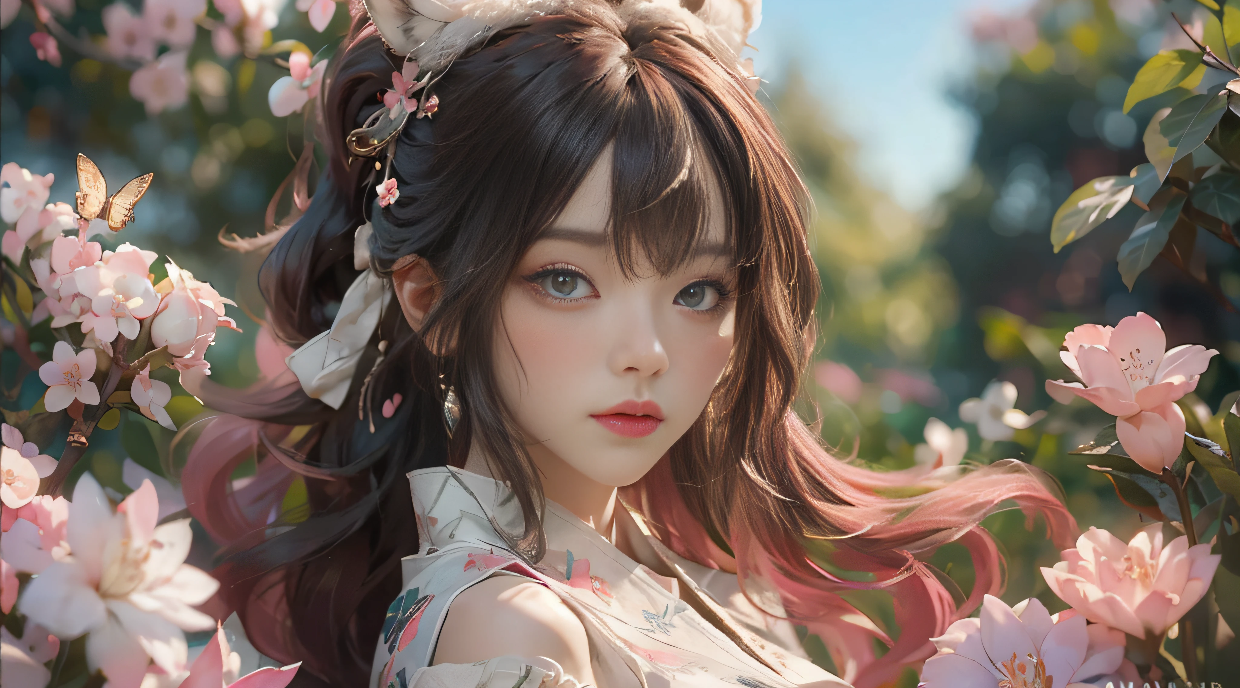 ((best qualtiy)), ((tmasterpiece)), (detail:1.4), Beautiful cyberpunk female images,hdr(HighDynamicRange),Ray traching,NVIDIA RTX,Hyper-Resolution,illusory 5,sub surface scattering,PBR textures,post-proces,Anisotropy Filtering,depth of fields,maximum definition and sharpness,Many-Layer Textures,Albedo e mapas Speculares,Surface coloring,Mitsu-Accurate simulation of material interactions,perfectly proportioned,rendering by octane,Two-colored light,largeaperture,Low ISO,White balance,Rule three points、8K raw data、Beautiful bright blue pupils,off-the-shoulder clothes,Fine pupils,Delicate face and eyes,long eyelasher,Blushlush,Delicate and fluffy hair,pink lip,Pure,Cute face,Sweet girl,Artistic sense,Casual wear,Advancedsense,butterflys,Cherry blossom petal,Beautiful hair accessories,Long hair and waist,Hair fluttering in the wind,Snow-white fox ears,curlies,Spirit pets