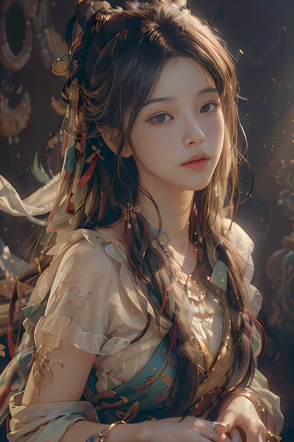 (RAW photo, best quality), (realistic, photo-realistic:1.3),best quality,highly detailed,masterpiece,ultra-detailed,illustration,1girl,upper_body,dynamic angle,world masterpiece theater,messy_long_hair,best quality,extremely detailed CG unity 8k wallpaper,ink,Amazing,cinematic lighting,lens_flare, dunhuang_style