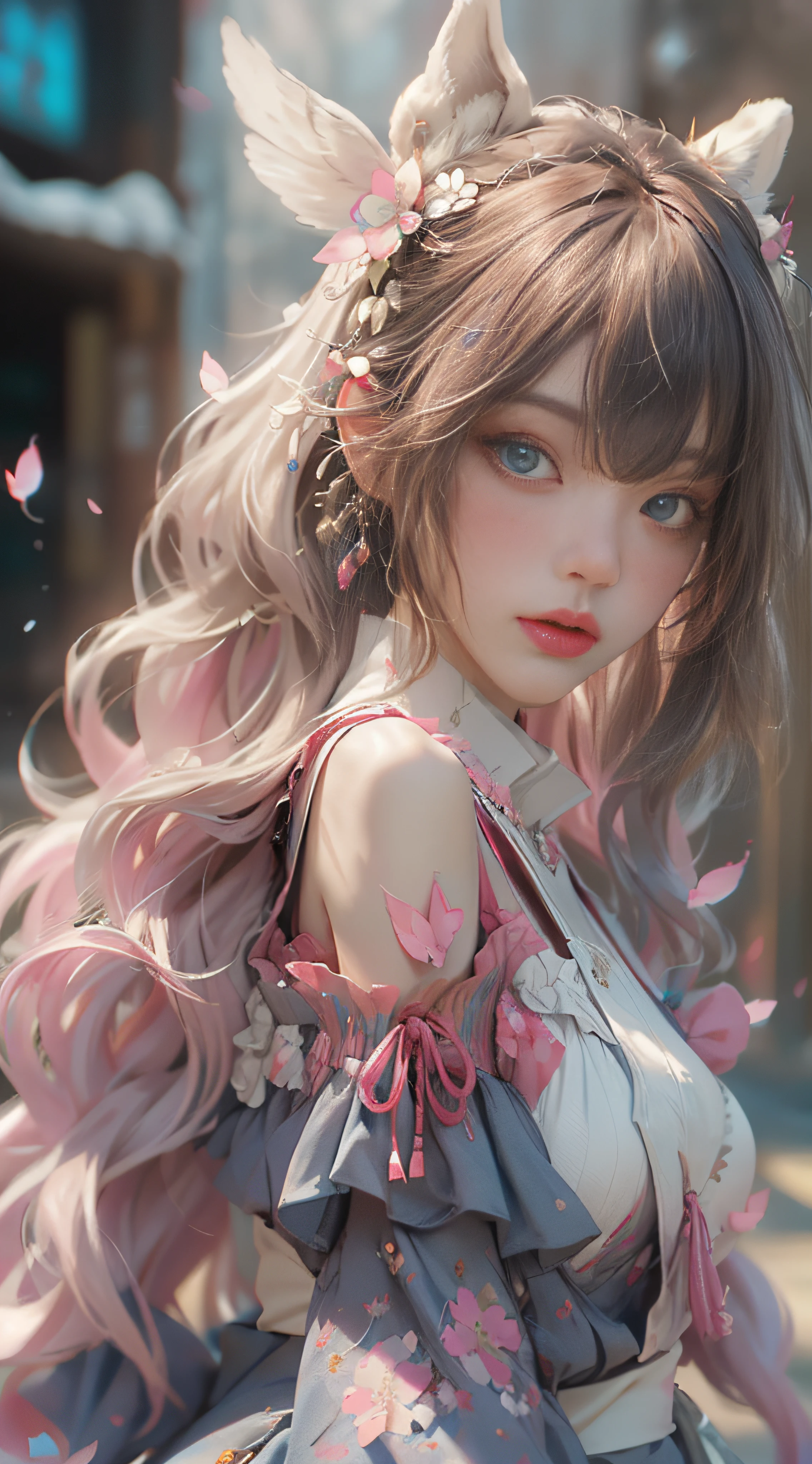 ((best qualtiy)), ((tmasterpiece)), (detail:1.4), Beautiful cyberpunk female images,hdr(HighDynamicRange),Ray traching,NVIDIA RTX,Hyper-Resolution,illusory 5,sub surface scattering,PBR textures,post-proces,Anisotropy Filtering,depth of fields,maximum definition and sharpness,Many-Layer Textures,Albedo e mapas Speculares,Surface coloring,Mitsu-Accurate simulation of material interactions,perfectly proportioned,rendering by octane,Two-colored light,largeaperture,Low ISO,White balance,Rule three points、8K raw data、Beautiful bright blue pupils,off-the-shoulder clothes,Fine pupils,Delicate face and eyes,long eyelasher,Blushlush,Delicate and fluffy hair,pink lip,Pure,Cute face,Sweet girl,Artistic sense,Casual wear,Advancedsense,butterflys,Cherry blossom petal,Beautiful hair accessories,Long hair and waist,Hair fluttering in the wind,Snow-white fox ears,curlies