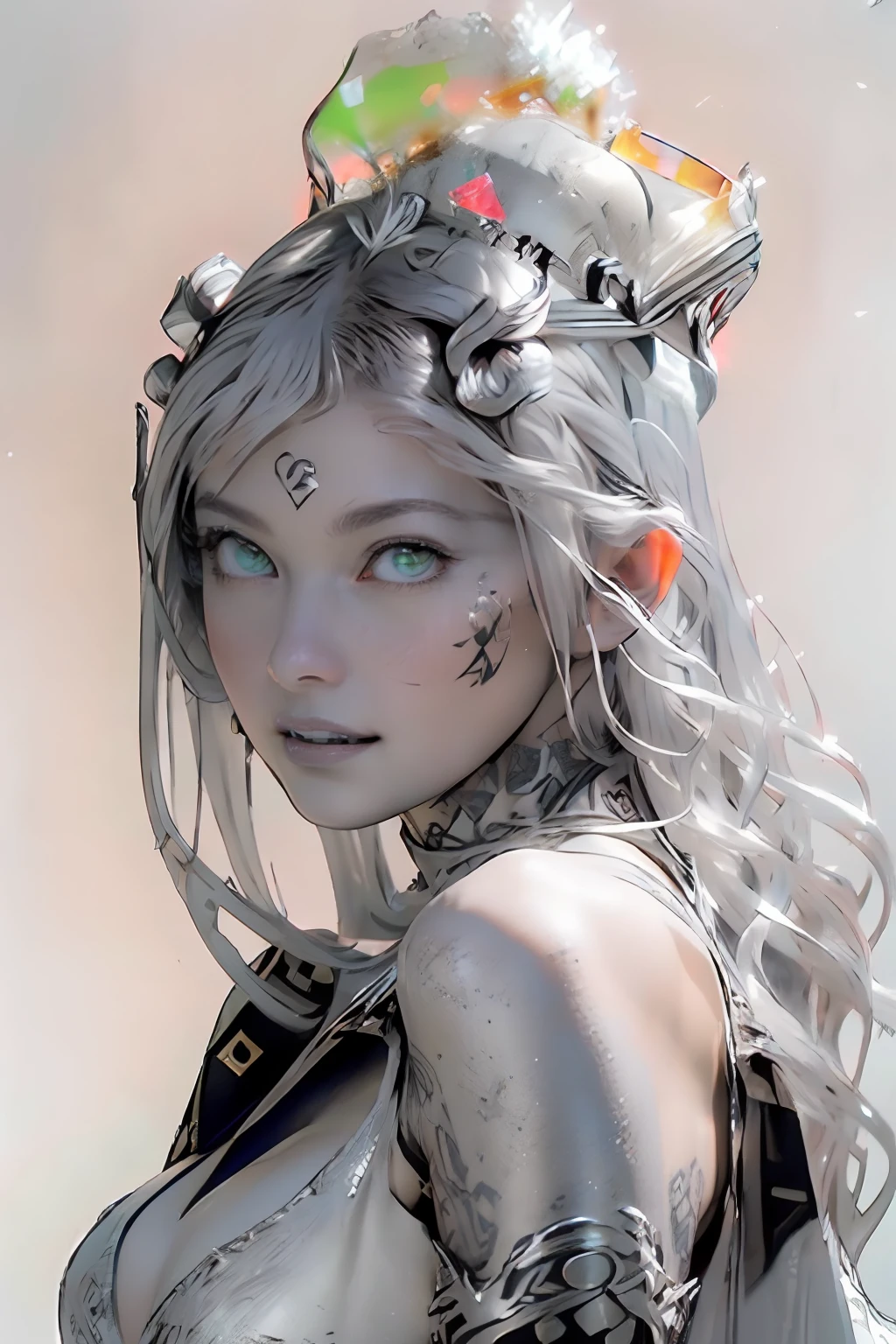 Ultra-detailed complex 3D rendering of the face, (masterpiece, top quality, octane rendering,), glamour shots full body image, very beautiful young elves, cleavage, (highly detailed skin: 1.2), (exposure: 1.1), ((blue micro bikini: 1.95)))). , 8k, (((very soft breasts)), (((conspicuous large pink areola)), beautiful Caucasian woman with white skin with full soft breasts with big buttocks, one, long braided hair, big breasts, dynamic angles, (((huge breasts: 2.4)), ultra-realistic photos, ((((((silver hair)))), futuristic urban background, facial muscles, (((((detailed and glamorous silver crown)))), In the style of Marvel Comics, ArtStation Trends, Clear Focus, Intricate Details, Very Detailed, Detailed Green Eyes, Sharp Focus, Digital Rendering, Professional, Abs, Lip Gloss, Glossy Skin, Sexy Pose, Golden Tattoo All Over Body, Silver Pattern All Over Body, Silver Lame Skin, Gold Glitter Skin, Mansuji, Buttocks, Jeweled All Over the Body, with silver scales, silver hair,
