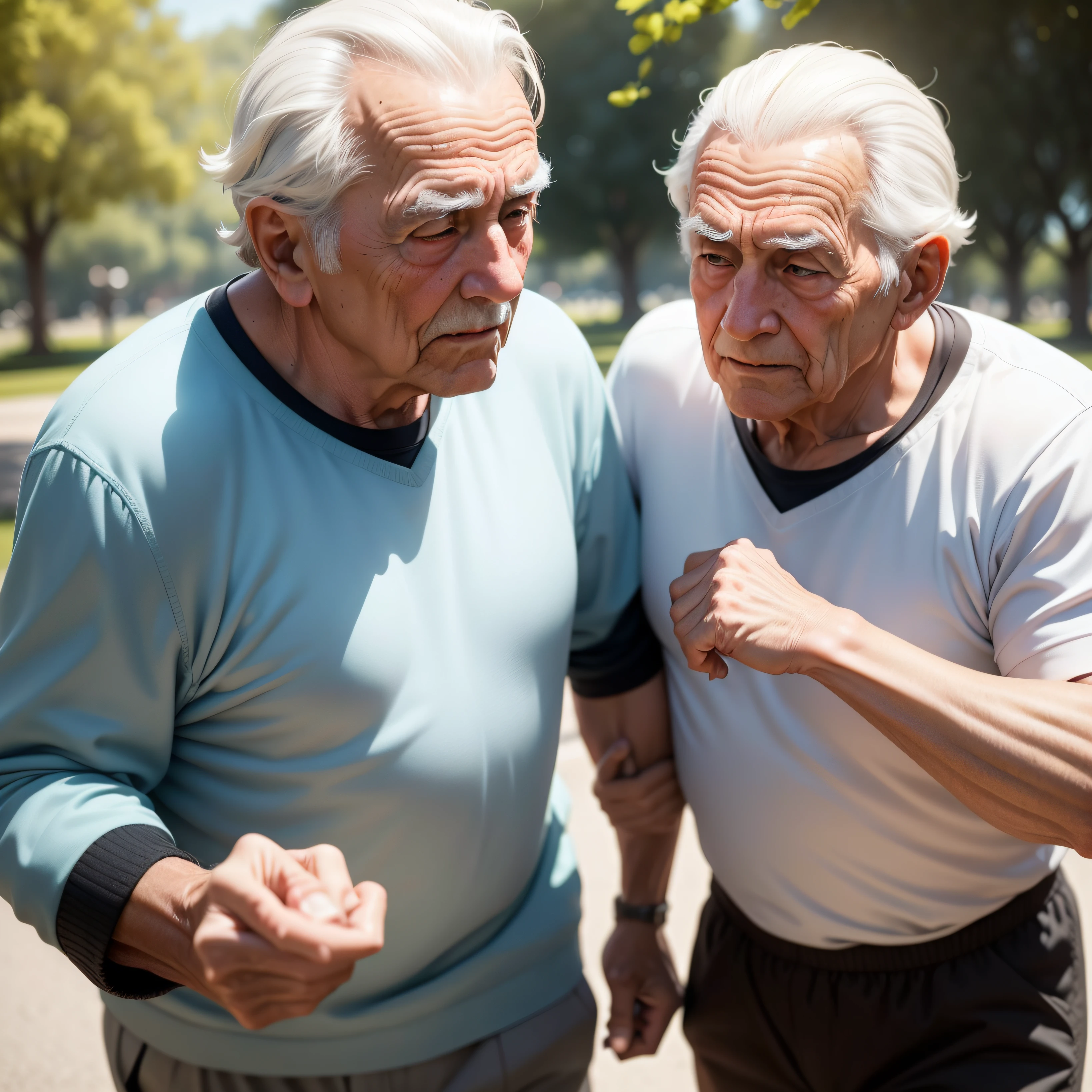 Generate an ultra-realistic image of two elderly men in a park in sportswear using a high-resolution digital camera. La escena debe tener un efecto bokeh suave y natural en el fondo, with the elderly sharply in the foreground. Make sure you capture accurate details and vivid colors with a wide dynamic range. Image encoding should be of high quality to avoid artifacts and maintain photo sharpness. Lighting should be well balanced, con sombras y reflejos realistas. You can use camera features such as portrait mode to highlight the faces of the elderly and action mode to freeze a moment of movement. I want the image to be so realistic that it looks like a photograph taken by a professional!!