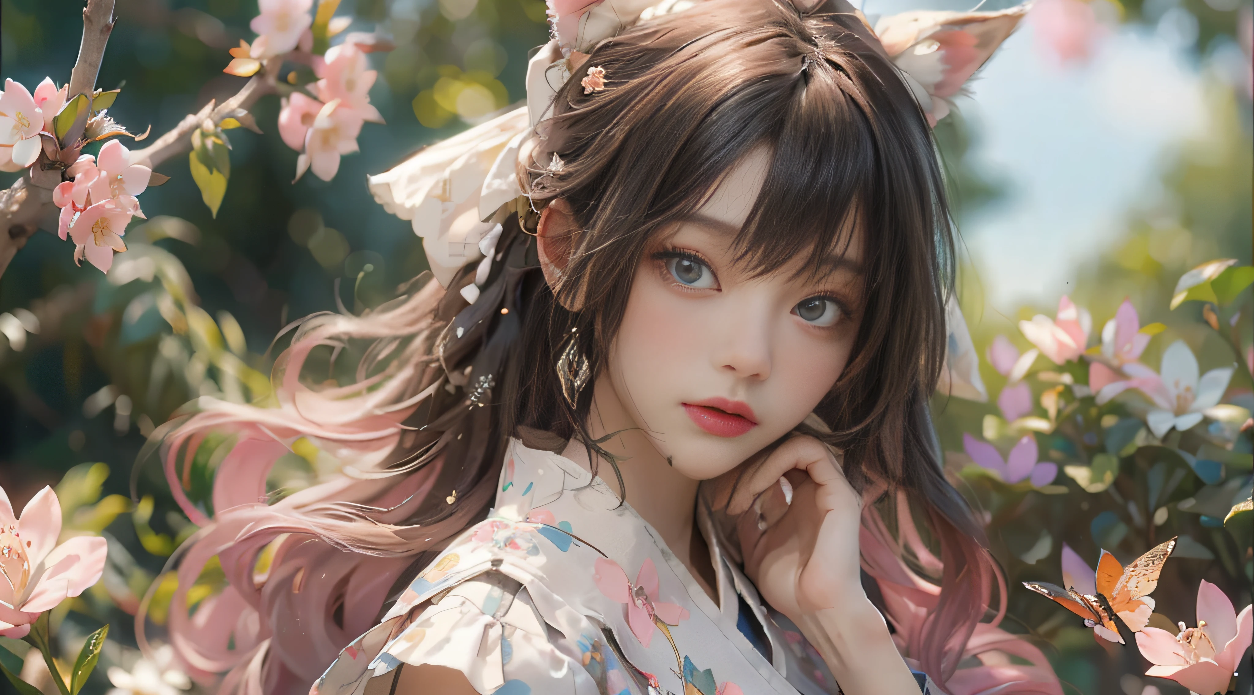 ((best qualtiy)), ((tmasterpiece)), (detail:1.4), Beautiful cyberpunk female images,hdr(HighDynamicRange),Ray traching,NVIDIA RTX,Hyper-Resolution,illusory 5,sub surface scattering,PBR textures,post-proces,Anisotropy Filtering,depth of fields,maximum definition and sharpness,Many-Layer Textures,Albedo e mapas Speculares,Surface coloring,Mitsu-Accurate simulation of material interactions,perfectly proportioned,rendering by octane,Two-colored light,largeaperture,Low ISO,White balance,Rule three points、8K raw data、Beautiful bright blue pupils,off-the-shoulder clothes,Fine pupils,Delicate face and eyes,long eyelasher,Blushlush,Delicate and fluffy hair,pink lip,Pure,Cute face,Sweet girl,Artistic sense,Casual wear,Advancedsense,butterflys,Cherry blossom petal,Beautiful hair accessories,Long hair and waist,Hair fluttering in the wind,Snow-white fox ears,curlies,Cute pets