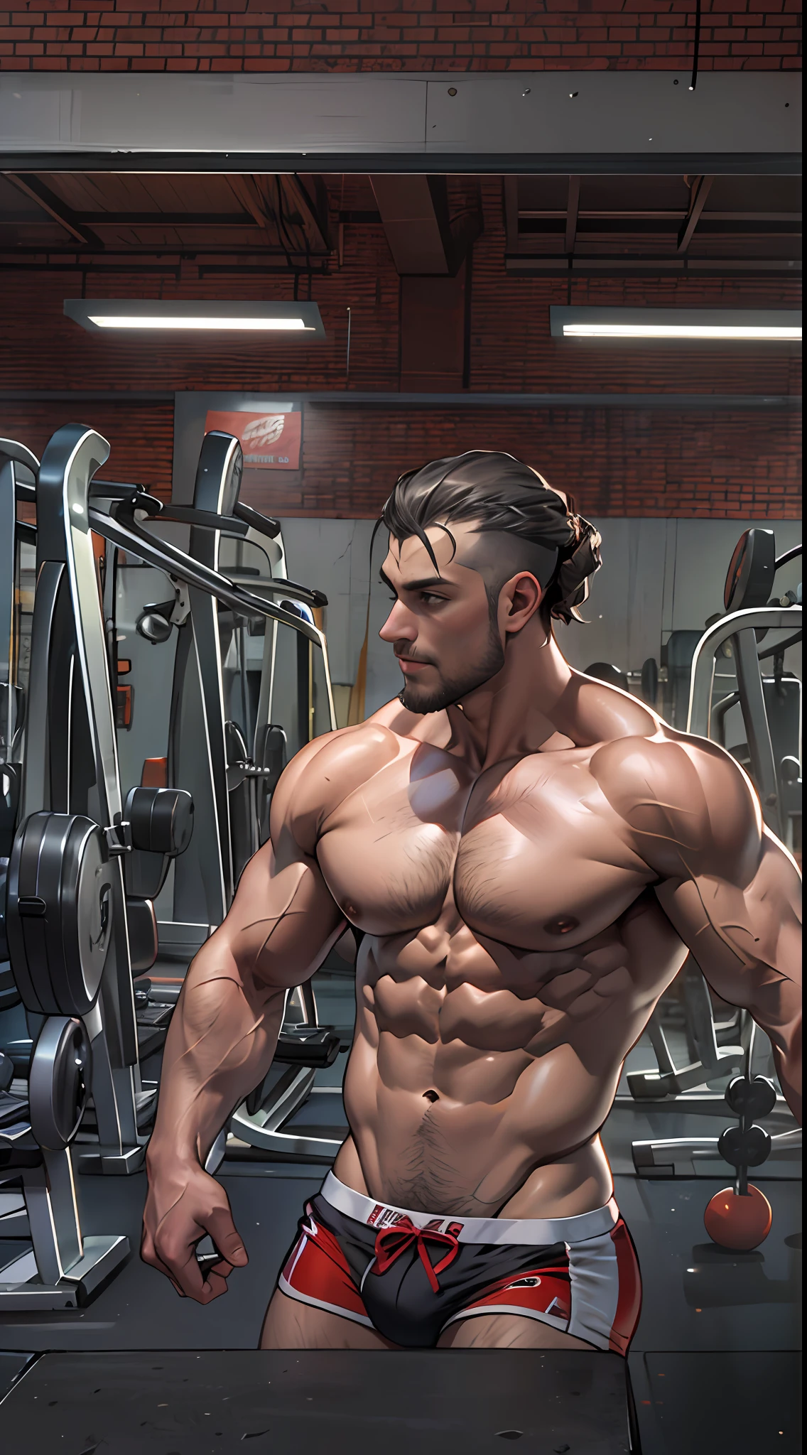 Muscular athlete, bare chest, lower body uncovered from thighs to feet, long flowing curls, meticulous muscle definition, lifelike portrayal, 4K quality. Background: Modern gym with exercise equipment and mirrors,32k uhd, best quality, masterpiece, super detail, high details