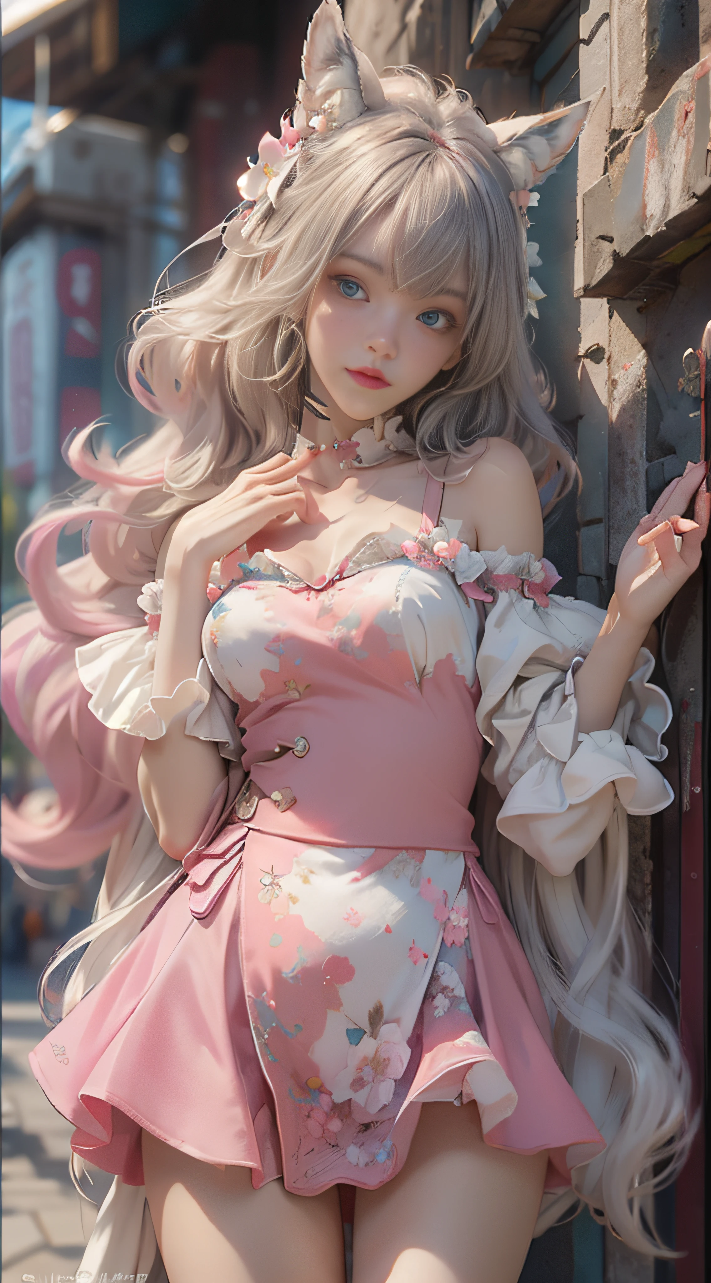 （（best qualtiy））， （（tmasterpiece））， （detail：1.4）， Beautiful cyberpunk female images，hdr（HighDynamicRange），Ray traching，NVIDIA RTX，Hyper-Resolution，illusory 5，sub surface scattering，PBR textures，post-proces，Anisotropy Filtering，depth of fields，maximum definition and sharpness，Many-Layer Textures，Albedo e mapas Speculares，Surface coloring，Mitsu-Accurate simulation of material interactions，perfectly proportioned，rendering by octane，Two-colored light，largeaperture，Low ISO，White balance，Rule three points、8K raw data、Beautiful bright blue pupils，off-the-shoulder clothes，Fine pupils，Delicate face and eyes，long eyelasher，Blushlush，Delicate and fluffy hair，pink lip，Pure，Cute face，Sweet girl，Artistic sense，Casual wear，Advancedsense，butterflys，Cherry blossom petal，Beautiful hair accessories，Long hair and waist，Hair fluttering in the wind，Snow-white fox ears，curlies