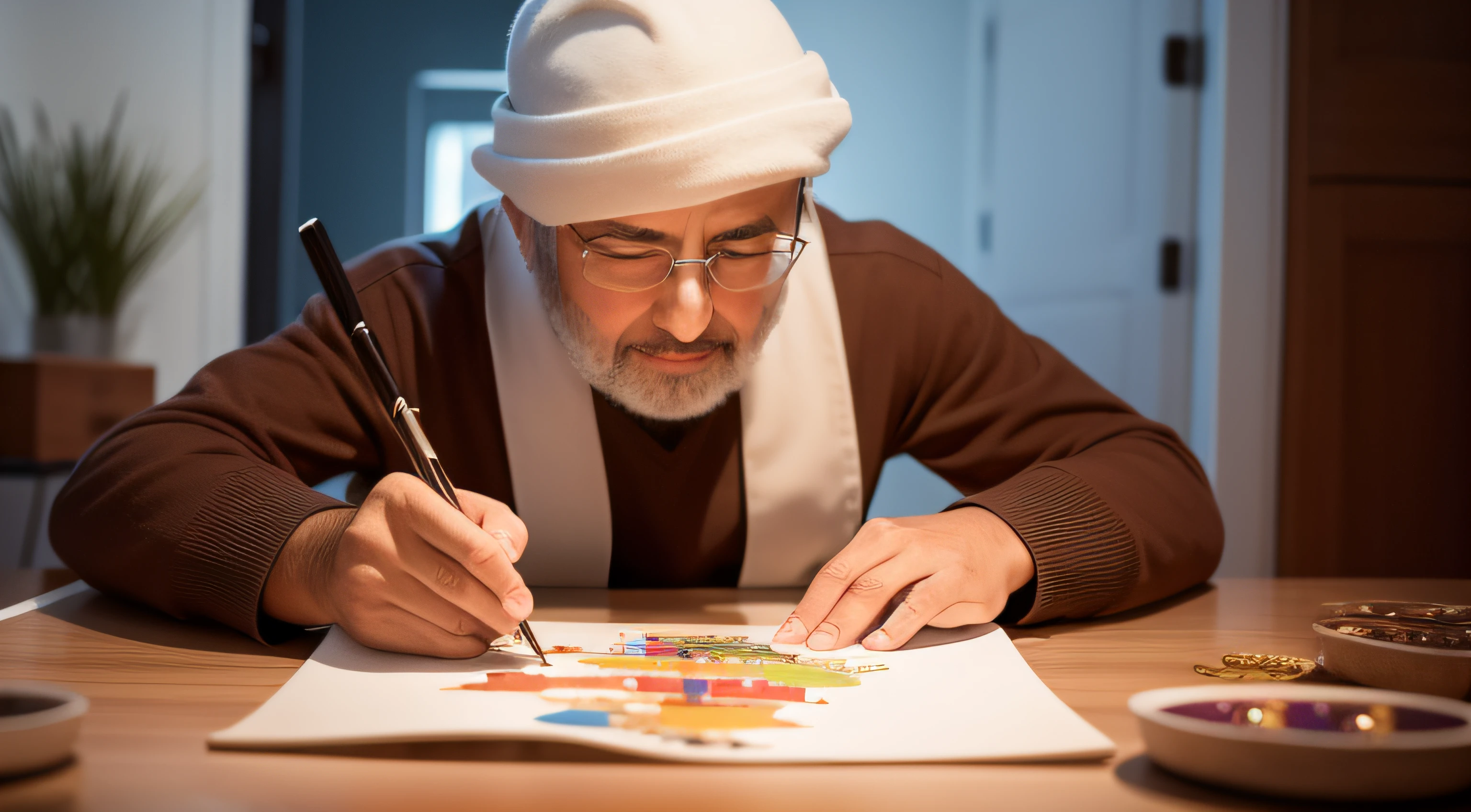Generate an image of a skilled Jewish artist creating a masterpiece that celebrates diversity and harmony among different peoples.