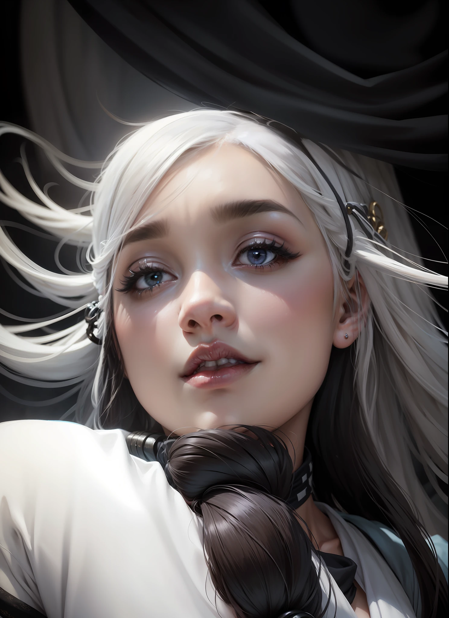 un primer plano de una mujer con cabello blanco y una bufanda negra, un retrato , ganador del concurso pixiv, Fantasy art, deidad de cabello blanco, hermosa pintura de personajes, obras de arte al estilo de Guweiz, la mirada penetrante, con cabello largo y blanco, con cabello largo y blanco, flowing hair and long robes