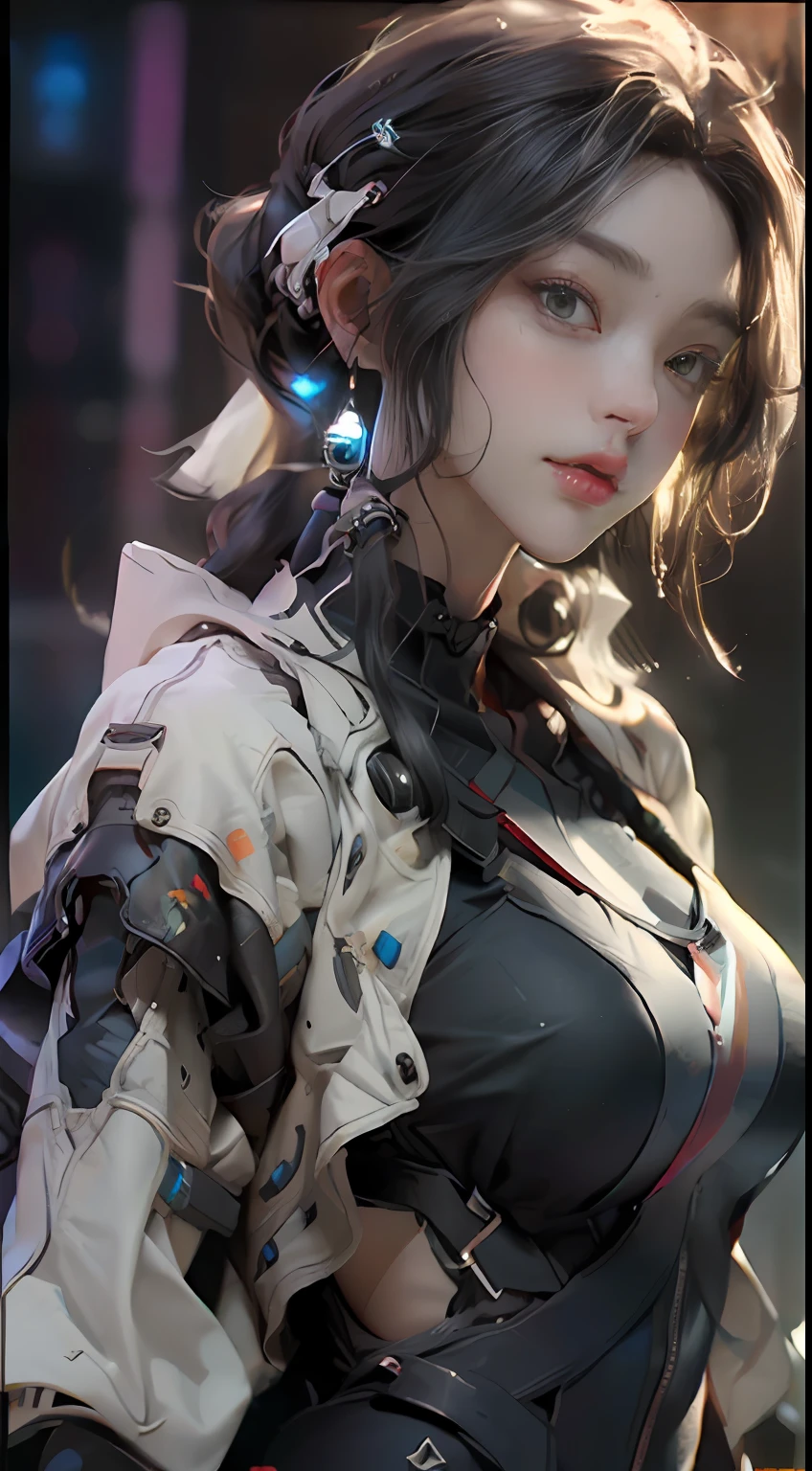 ((Best quality)), ((masterpiece)), (detailed:1.4), 3D, an image of a beautiful cyberpunk female,HDR (High Dynamic Range),Ray Tracing,NVIDIA RTX,Super-Resolution,Unreal 5,Subsurface scattering,PBR Texturing,Post-processing,Anisotropic Filtering,Depth-of-field,Maximum clarity and sharpness,Multi-layered textures,Albedo and Specular maps,Surface shading,Accurate simulation of light-material interaction,Perfect proportions,Octane Render,Two-tone lighting,Wide aperture,Low ISO,White balance,Rule of thirds,8K RAW,