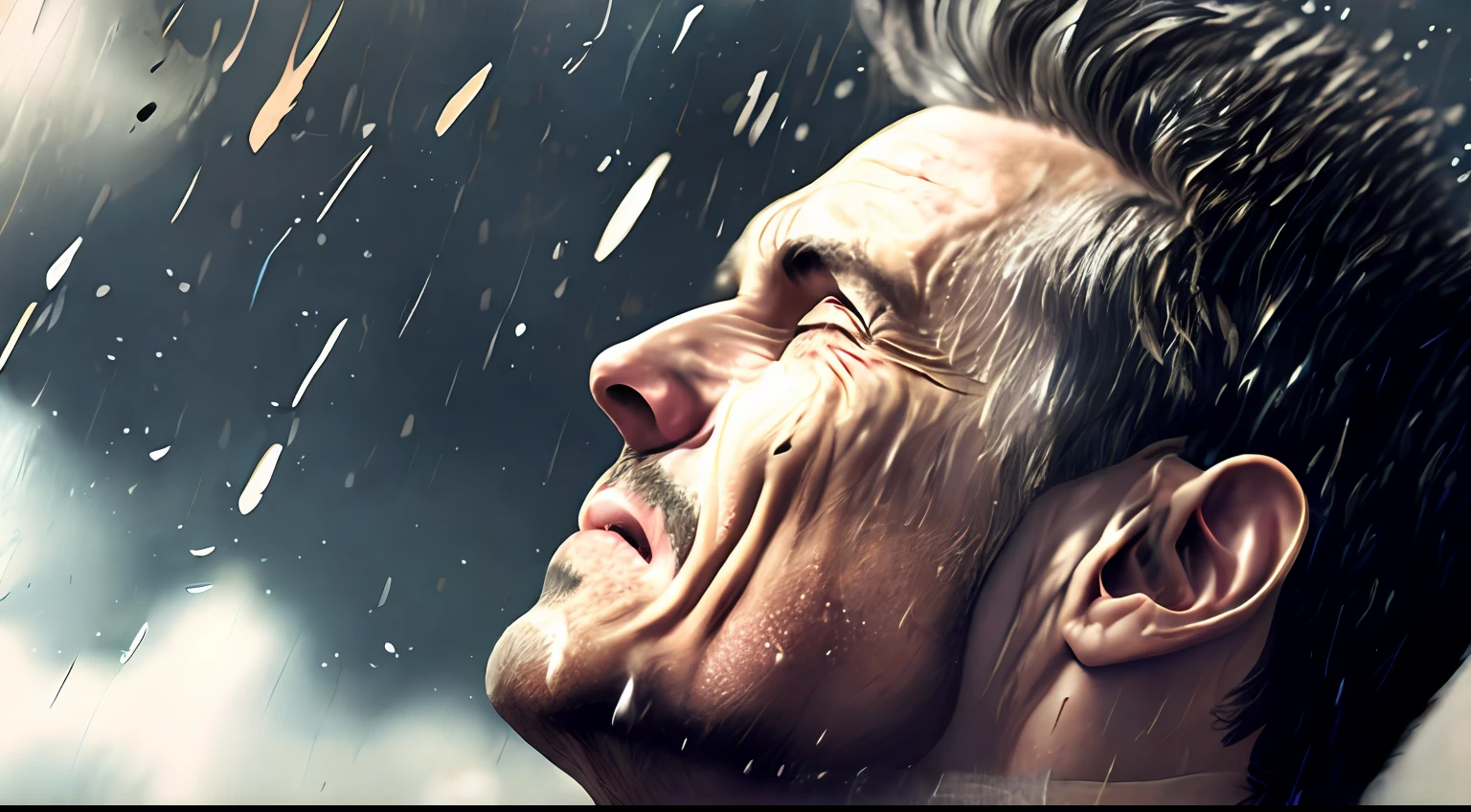 Realistic award winning photo of a man (looking up at the sky:1.3), expression conveying a sense of satisfaction and victory, heavy rain falling on his face, hyper detailed