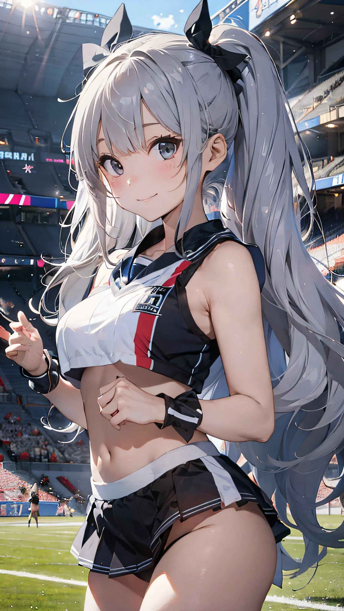 Ala Fed Asian cheerleader posing dynamically with large pom-poms in both hands in stadium、a closeup、cosplay foto、Anime Cosplay、tiny chest、Raw photography, top-quality, hight resolution, (​masterpiece), (Photorealsitic:1.4), professional photograpy, foco nítido, nffsw, 8K分辨率, intricate detailes, depth of fields, the Extremely Detailed CG Unity 8K Wallpapers, front lit, girl with, beautiful supermodel, A smile、A slender、(Beautiful gray twin tail hair:1.3)、Korean style uniform、Peeking from below、(skinny thigh)、I see underwear、Wearing a sun visor on the head、