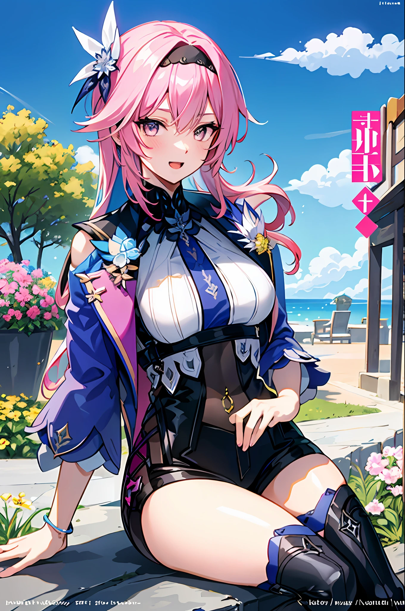 ((  long hair, pink hair, pink hair, yellow purple eyes))(( smile)( open mouth))((( elegant girl),( slender body)),(( blue color clothes)))(( shorts))(( sitting,))(( clearly drawn face))(( beautiful detailed eyes, super detailed skin))(( flower garden, outdoor)) BRAEK (magazine:1.1), (cover-style:1.3), fashionable, vibrant, outfit, posing, front, colorful, dynamic, background, elements, confident, expression,statement, accessory, majestic, scene, text, cover, bold, attention-grabbing, title, stylish, font, catchy, headline, larger, striking, modern, trendy, focus, fashion,