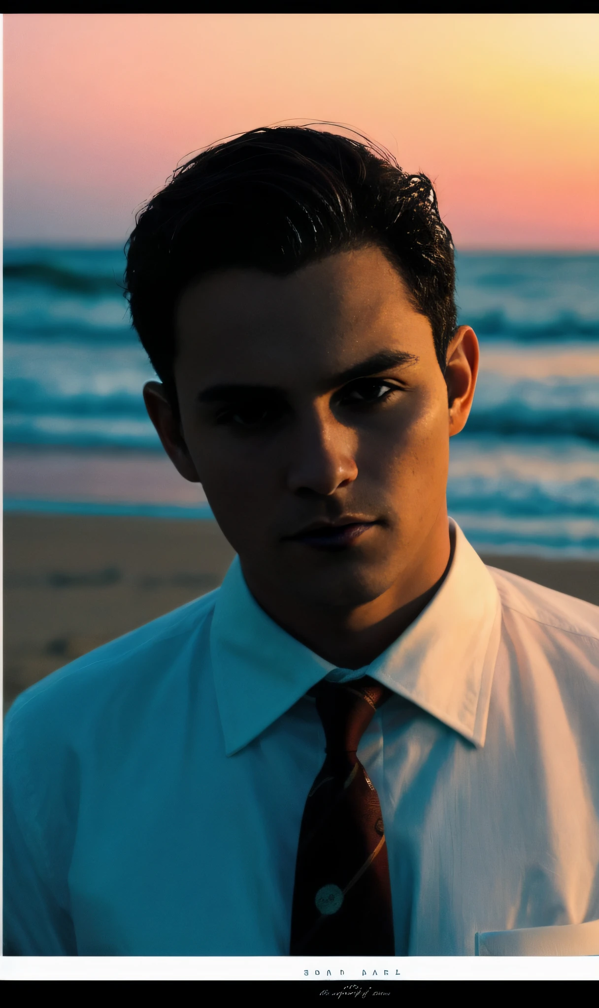color portrait photograph of a elegant male model in a suit standing on a beach, dark sci-fi, dramatic lighting, negative space, colorgraded, Cinematic film still, analog style, soft lighting, sunset,
