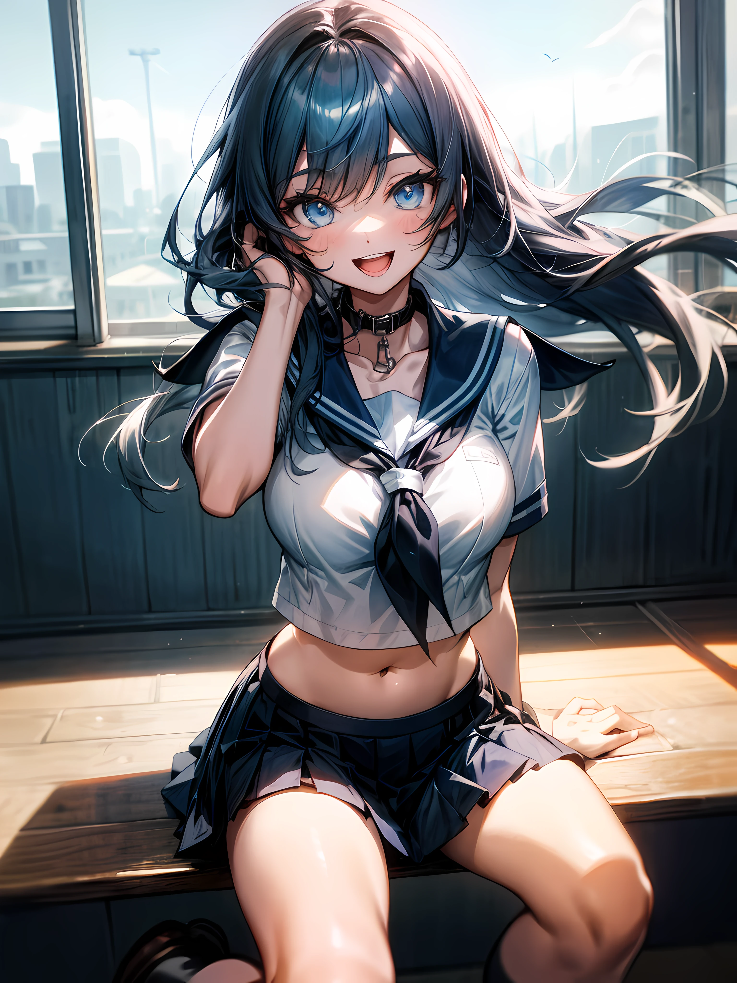 1girll, sitting down on the floor, Place your phone to your ear, Blowing hair, Long hair, blue color eyes,Shining eyes,Detailed eyes,Skirt, Solo, upper legs, Sailor school uniform, navel, Pleated skirt, midriff, Blue eyes, White shirt, Collar, Smile, Medium breasts, view the viewer, Open mouth,,Large breasts,