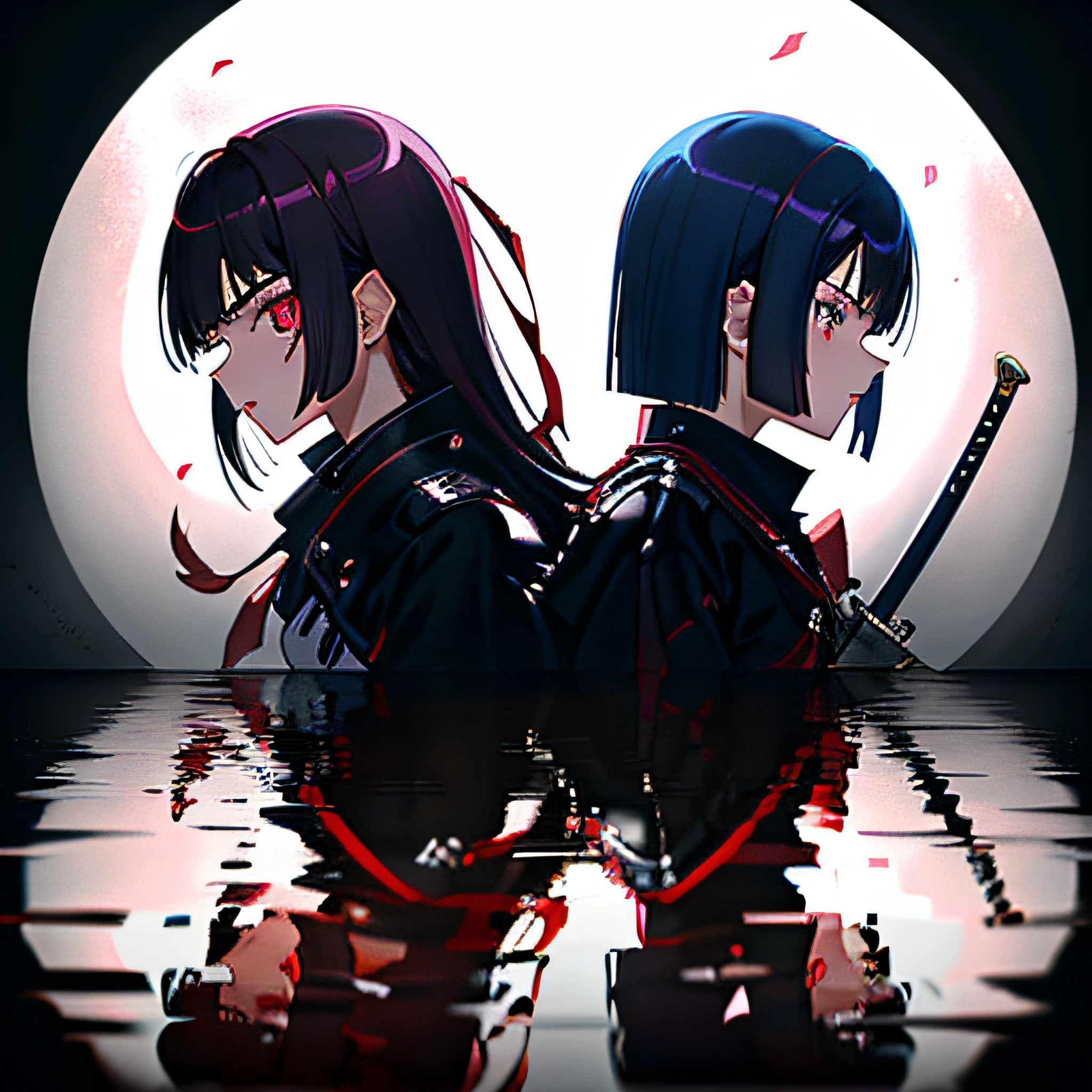 (from side), close-up, style of 1999 anime thumbnail, holding sword vertically over eye, (reflection), 2girls, ((absurd res)), extremely detailed eyes, 8k, perspective, octane render