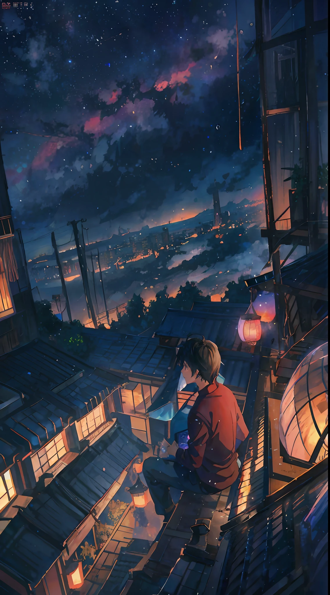 Anime boy sitting on the roof looking at the night sky with lantern lights, Makoto Shinkai Cyril Rolando, Cosmos Sky. By Makoto Shinkai, Anime background art, Anime art wallpaper 4k, 4K anime wallpaper, Anime art wallpaper 4 K, beautiful anime scenes, in the style of makoto shinkai, amazing wallpapers, Guweiz e Makoto Shinkai