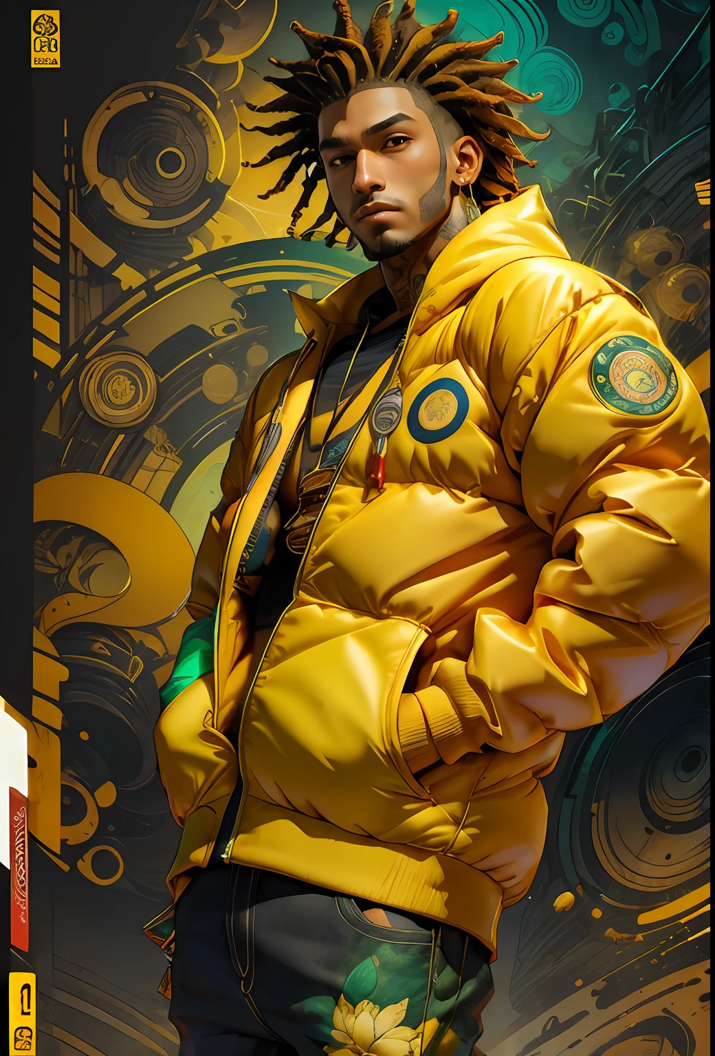 verde: 1.5, amarelo ocre: 1.1, Branco: 1.3, amarelo: 1.3, (rapper com cabelo Draw pavor), tatuagens, (roupas puffer do poder: 1.2), flor, folhas, muito nevoeiro, linhas, background circles.