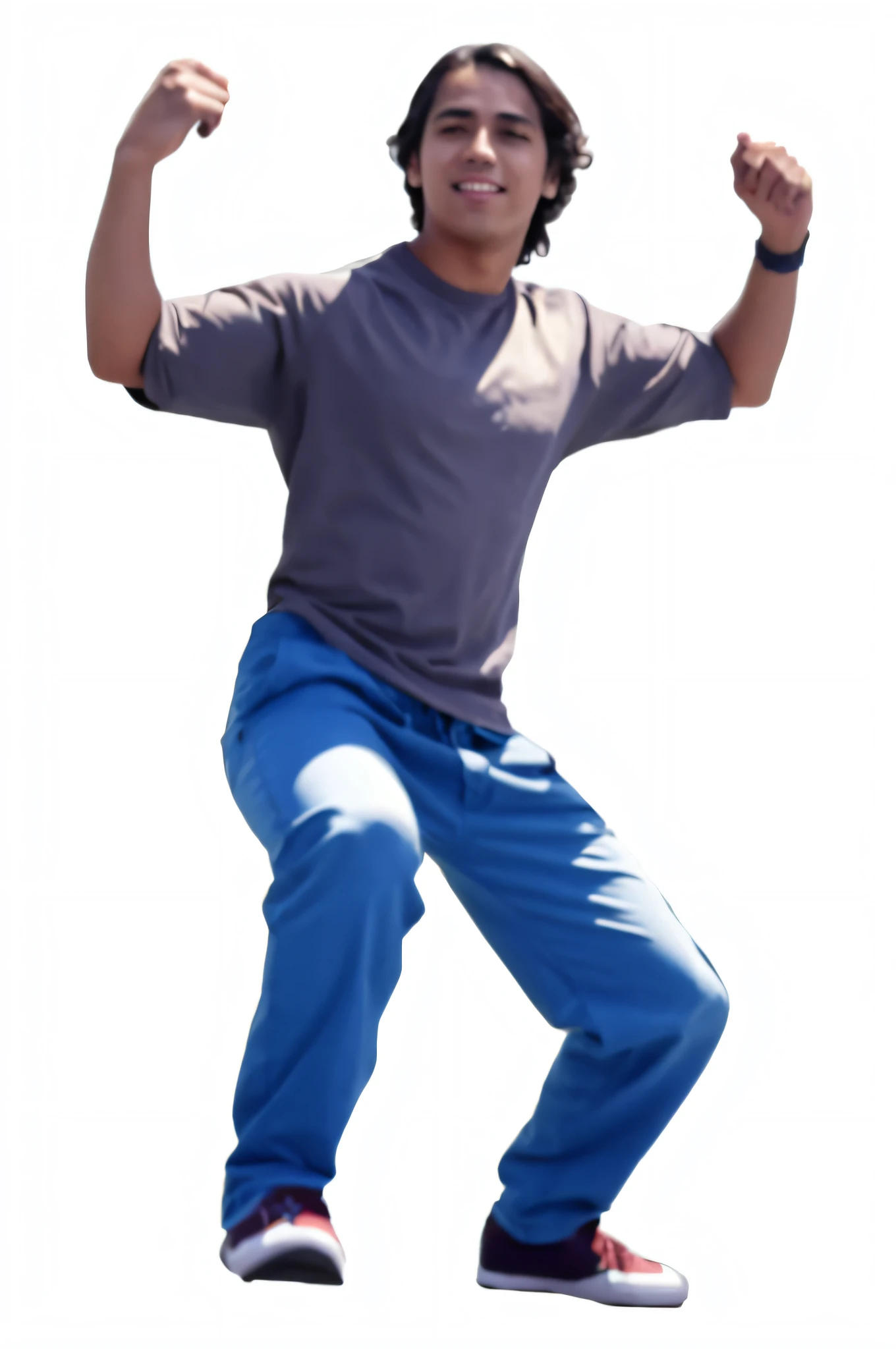 Arafed em camisa cinza e jeans azul, in an action pose, He's in a fighter's pose, man standing in defensive pose, jumping towards viewer, leaping with arms up, dynamic moving pose, Pose de salto, Full body with dynamic Pose, pulando de alegria, em uma pose de flutuador de salto, Dando um chute, Saltando para o espectador, jovem de 17 anoos olhos abertos, Foto realista