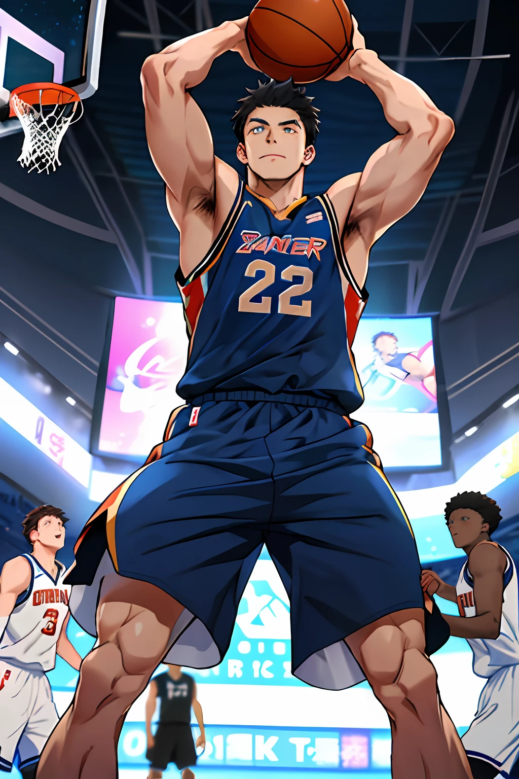 best qualtiy:1.0),(超高分辨率:1.0),Anime boys,with short black hair,blue color eyes,Dunk in basketball,The background is a basketball game,Dynamic action,full bodyesbian,Faraway view