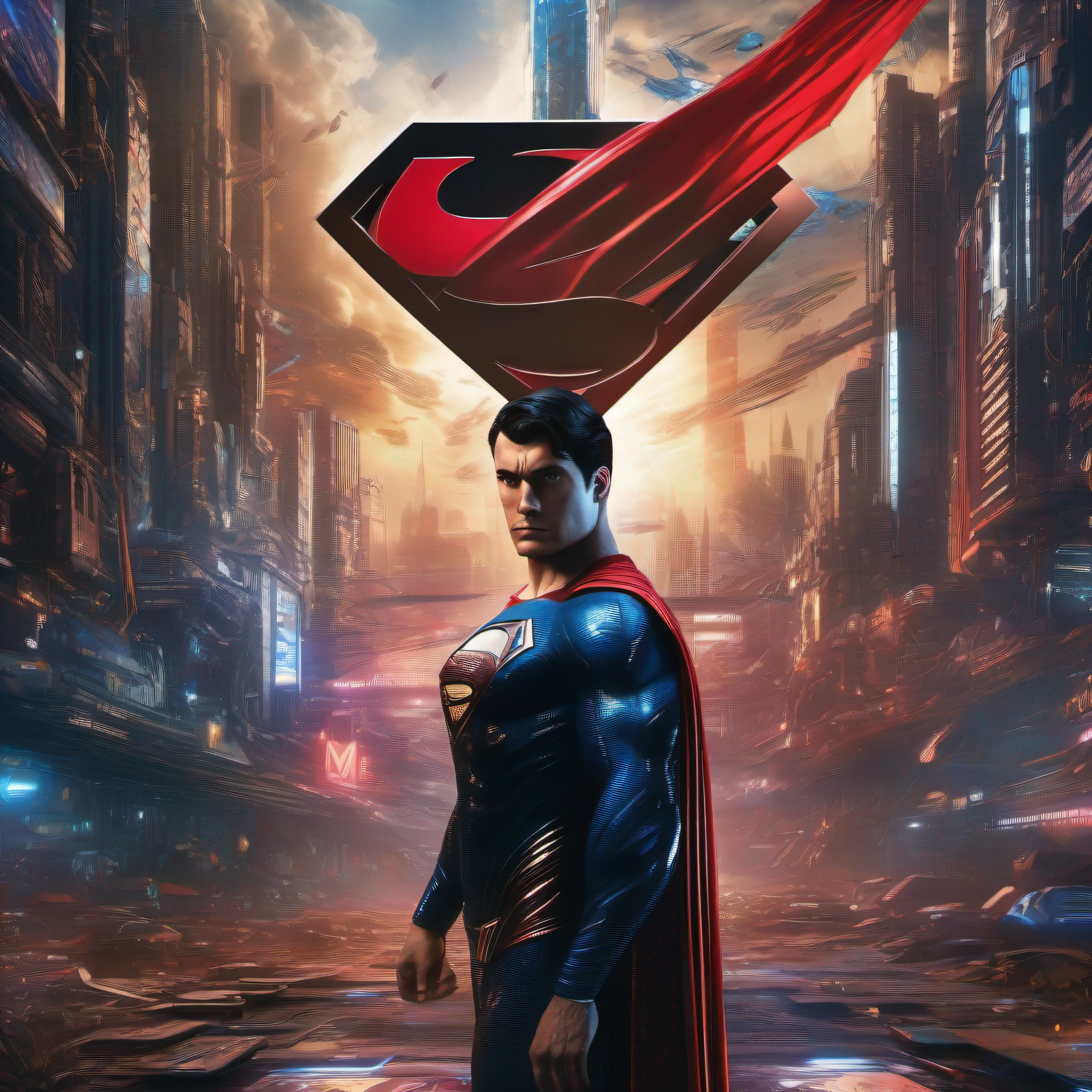 SUPERMAN Comics Futuristic Cyber Punk Style (Masterpiece) (Best Quality) (Detailed) (8K) (HDR) (Wallpaper) (Cinematic Lighting) (Sharp Focus) (Intricate)  equirectangular 360, Highres