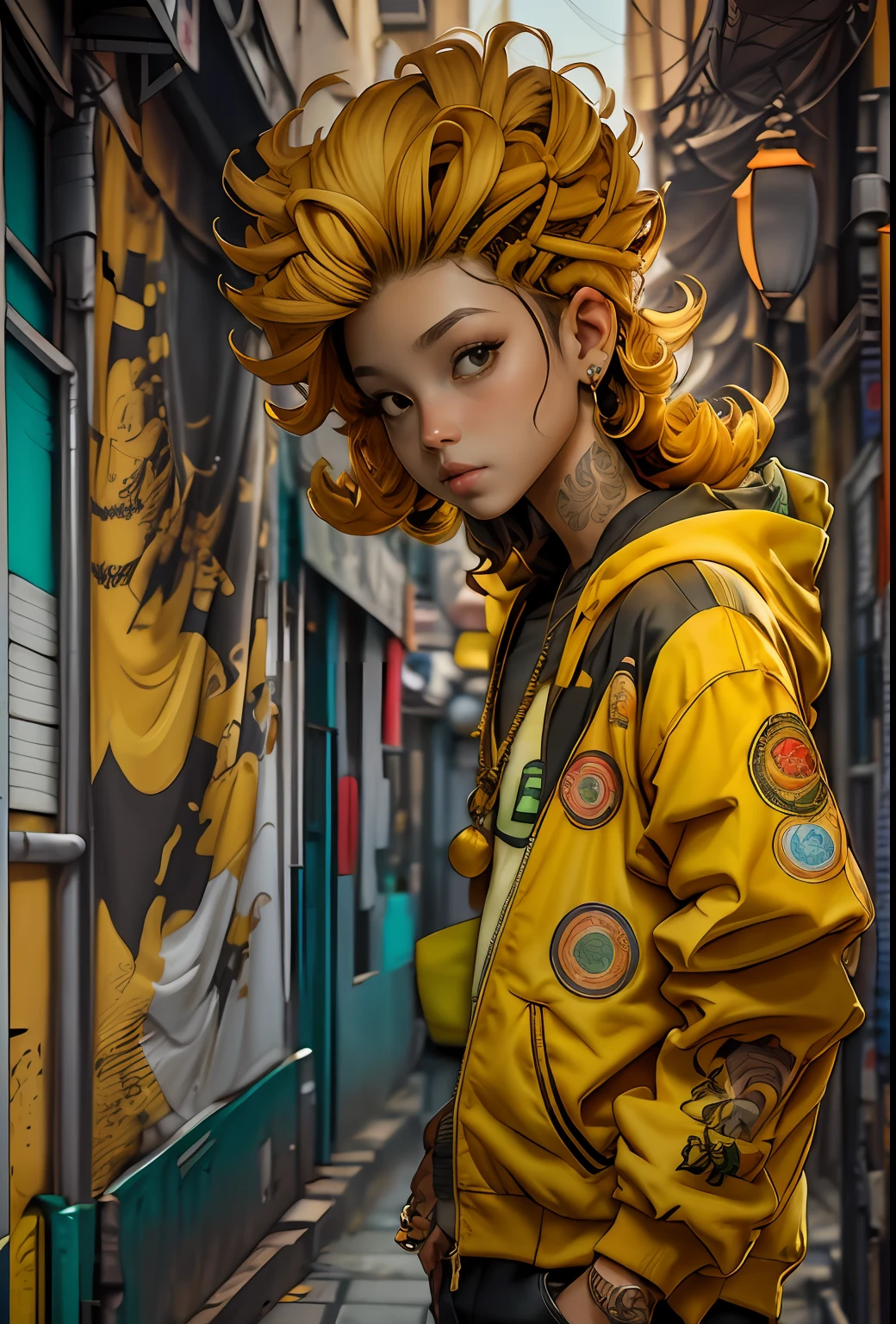 verde: 1.5, amarelo ocre: 1.1, Branco: 1.3, amarelo: 1.3, (rapper com cabelo Draw pavor), tatuagens, (roupas puffer do poder: 1.2), flor, folhas, muito nevoeiro, linhas, background circles.
