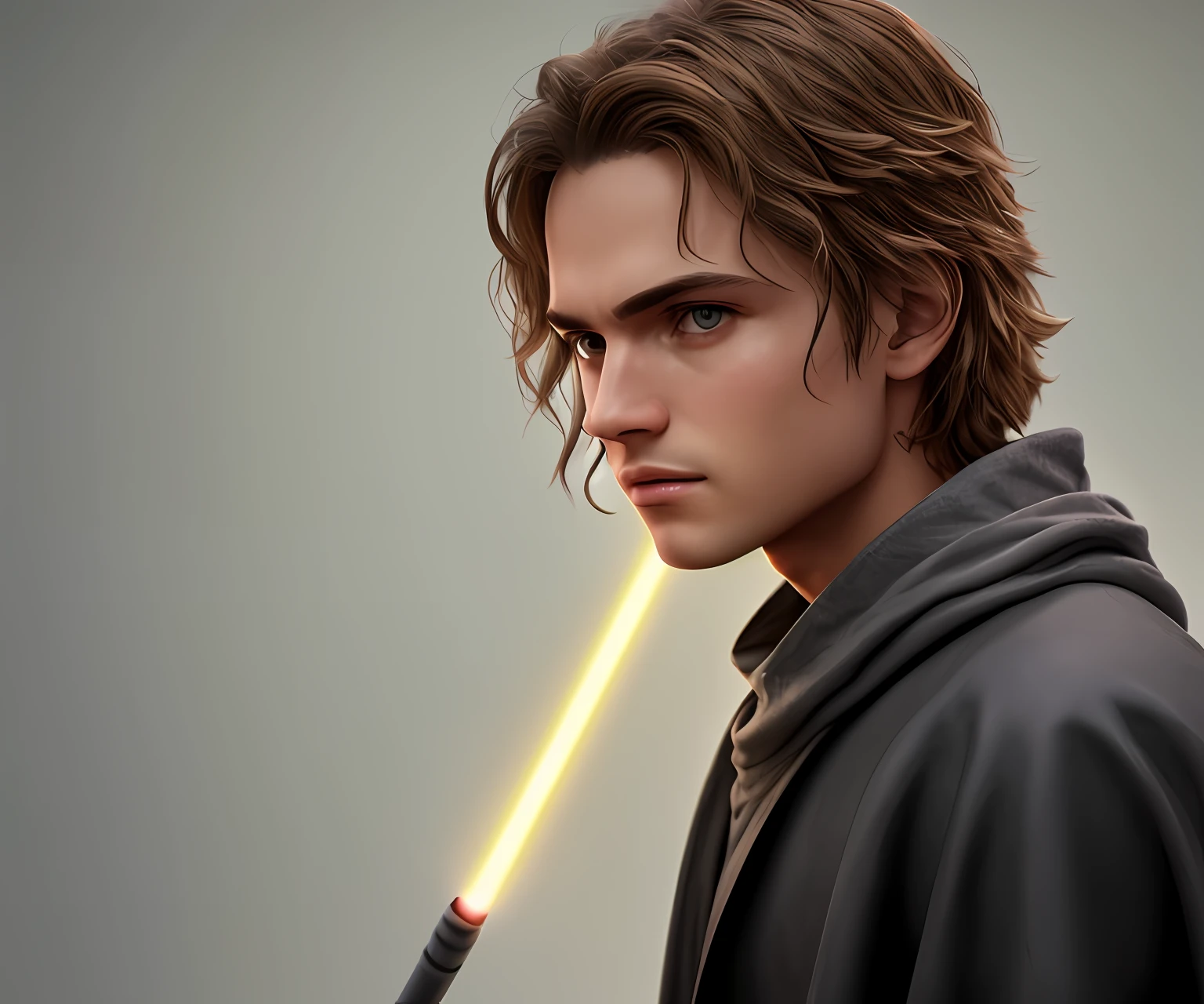 4k, anakin jedi com um sabre de luz, contato visual, foco, fundo em ambientes fechados, precision, ((((cinematic visual)))), tons suaves, detalhes insanos, detalhes intrincados, hiperdetalhado, baixo contraste, soft Cinematic Light, cores escuras, exposure blending, hdr, desbotadas, slate grey atmosphere