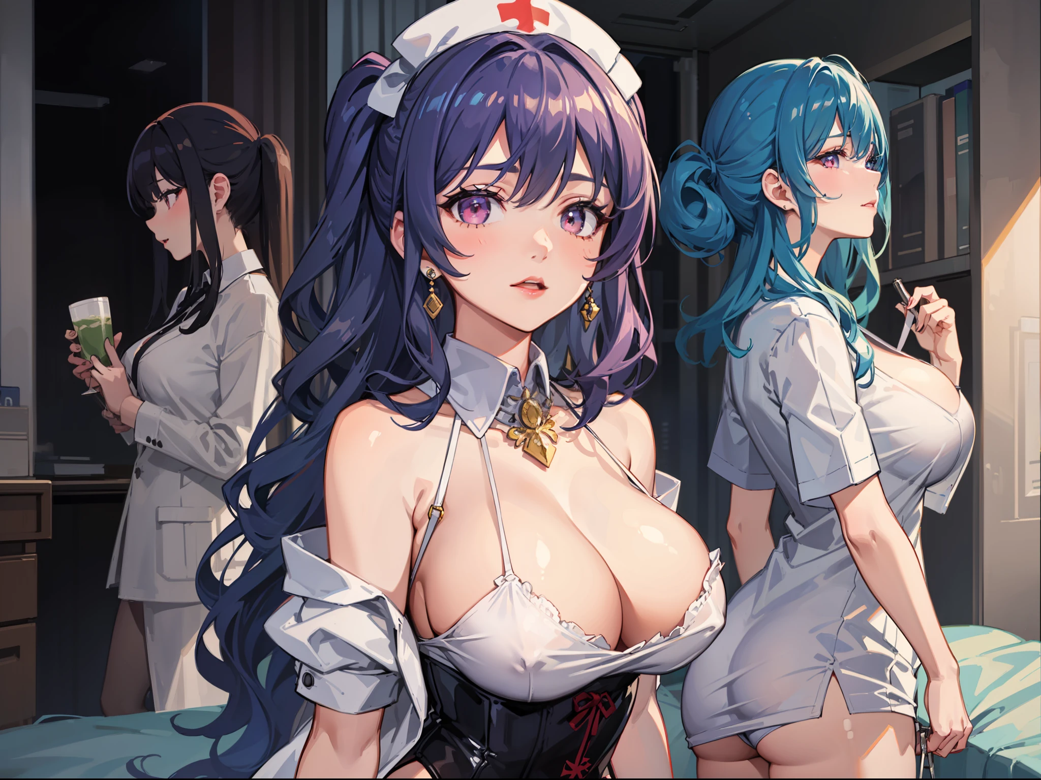 Infirmary, 窗帘, 1girll, nurses, white dresses, tmasterpiece, Best quality at best, tmasterpiece, (Extremely refined and beautiful:1.2), a blurred background looking at the viewer, 1girll, 独奏, Fahi girl, Redlip, Blushlush, BDSM, tightsuit, Big breasts corset, shibari, handcuff, collars, (pegging: 1.6), Outside the chest, Bind your hands, Hands behind your back, discreet, leaning-forward, high detal, huge tit,blush,