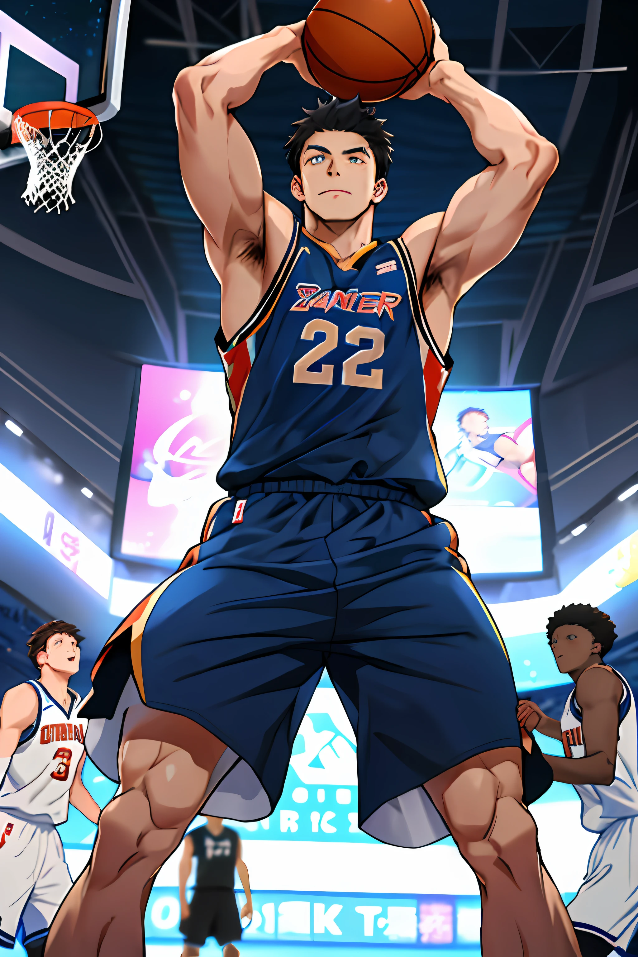 best qualtiy：1.0），（超高分辨率：1.0），Anime boys，with short black hair，blue color eyes，Dunk in basketball，The background is a basketball game，Dynamic action，full bodyesbian，Faraway view