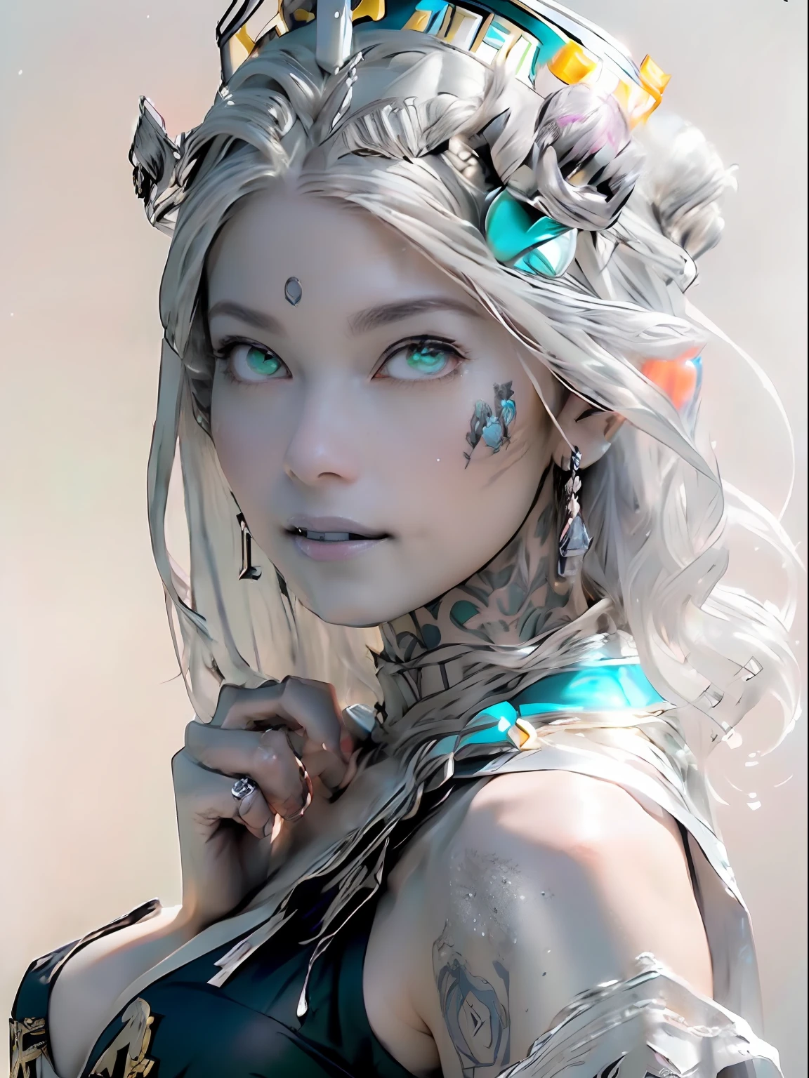 Ultra-detailed complex 3D rendering of the face, (masterpiece, top quality, octane rendering,), glamour shots full body image, very beautiful young elves, cleavage, (highly detailed skin: 1.2), (exposure: 1.1), ((blue micro bikini: 1.95)))). , 8k, (((very soft breasts)), (((conspicuous large pink areola)), beautiful Caucasian woman with white skin with full soft breasts with big buttocks, one, long braided hair, big breasts, dynamic angles, (((huge breasts: 2.4)), ultra-realistic photos, ((((((silver hair)))), futuristic urban background, facial muscles, (((((detailed and glamorous silver crown)))), In the style of Marvel Comics, ArtStation Trends, Clear Focus, Intricate Details, Very Detailed, Detailed Green Eyes, Sharp Focus, Digital Rendering, Professional, Abs, Lip Gloss, Glossy Skin, Sexy Pose, Golden Tattoo All Over Body, Silver Pattern All Over Body, Silver Lame Skin, Gold Glitter Skin, Mansuji, Buttocks, Jeweled All Over the Body, with silver scales, silver hair,