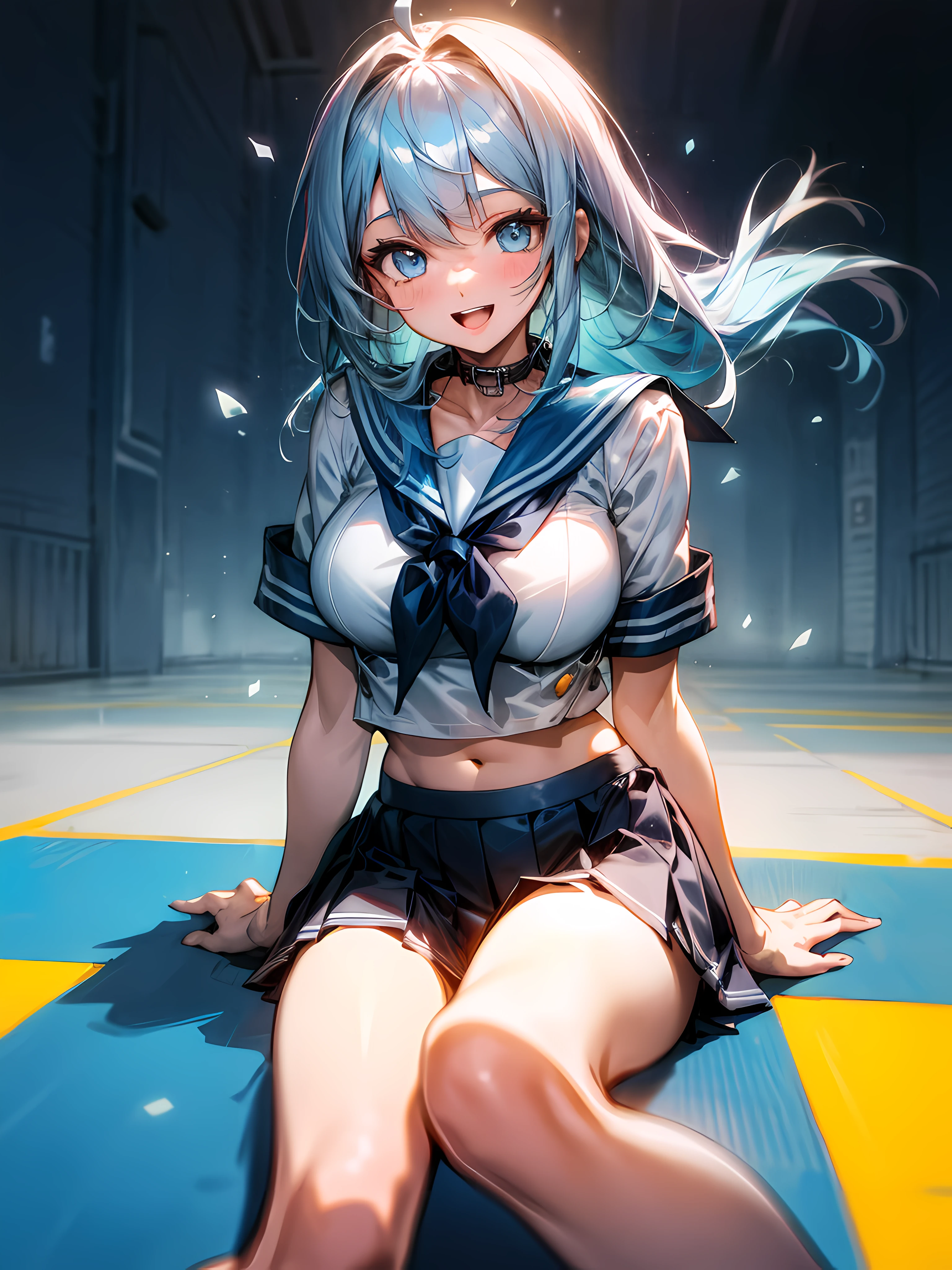 1girll, sitting down on the floor, Place your phone to your ear, Blowing hair, Long hair, blue color eyes,Shining eyes,Detailed eyes,Skirt, Solo, upper legs, Sailor school uniform, navel, Pleated skirt, midriff, Blue eyes, White shirt, Collar, Smile, Medium breasts, view the viewer, Open mouth,,Large breasts,